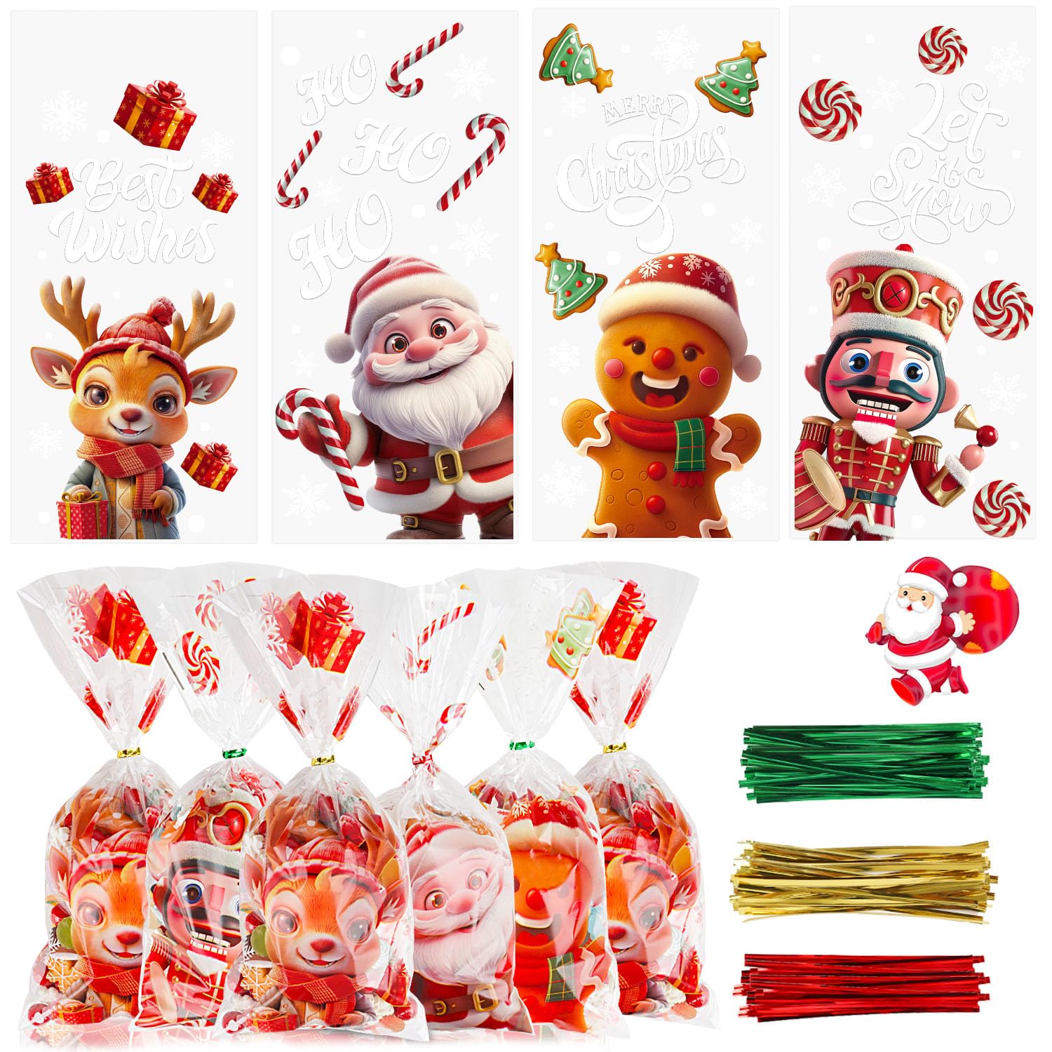 Konsait 120-Pack Christmas Cellophane Bags - Clear Treat Bags With Twist Ties For Party Favors