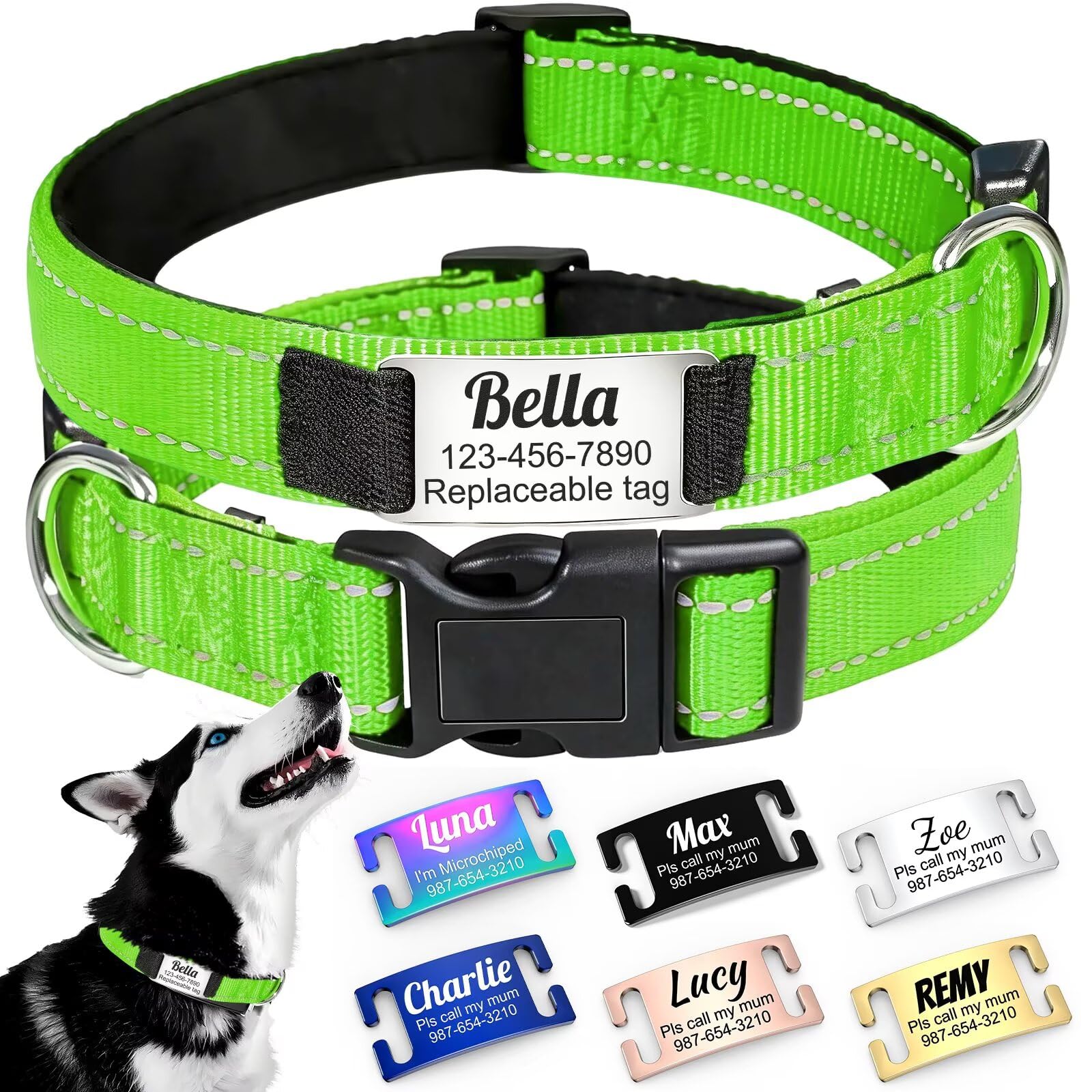 Collar Personalizado para Perro - Ajustable y Reflectante, en Nylon Sólido con Grabado Láser Nombre Dirección Teléfono, Adecuado para Perros y Gatos de Pequeño, Mediano y Gran Tamaño