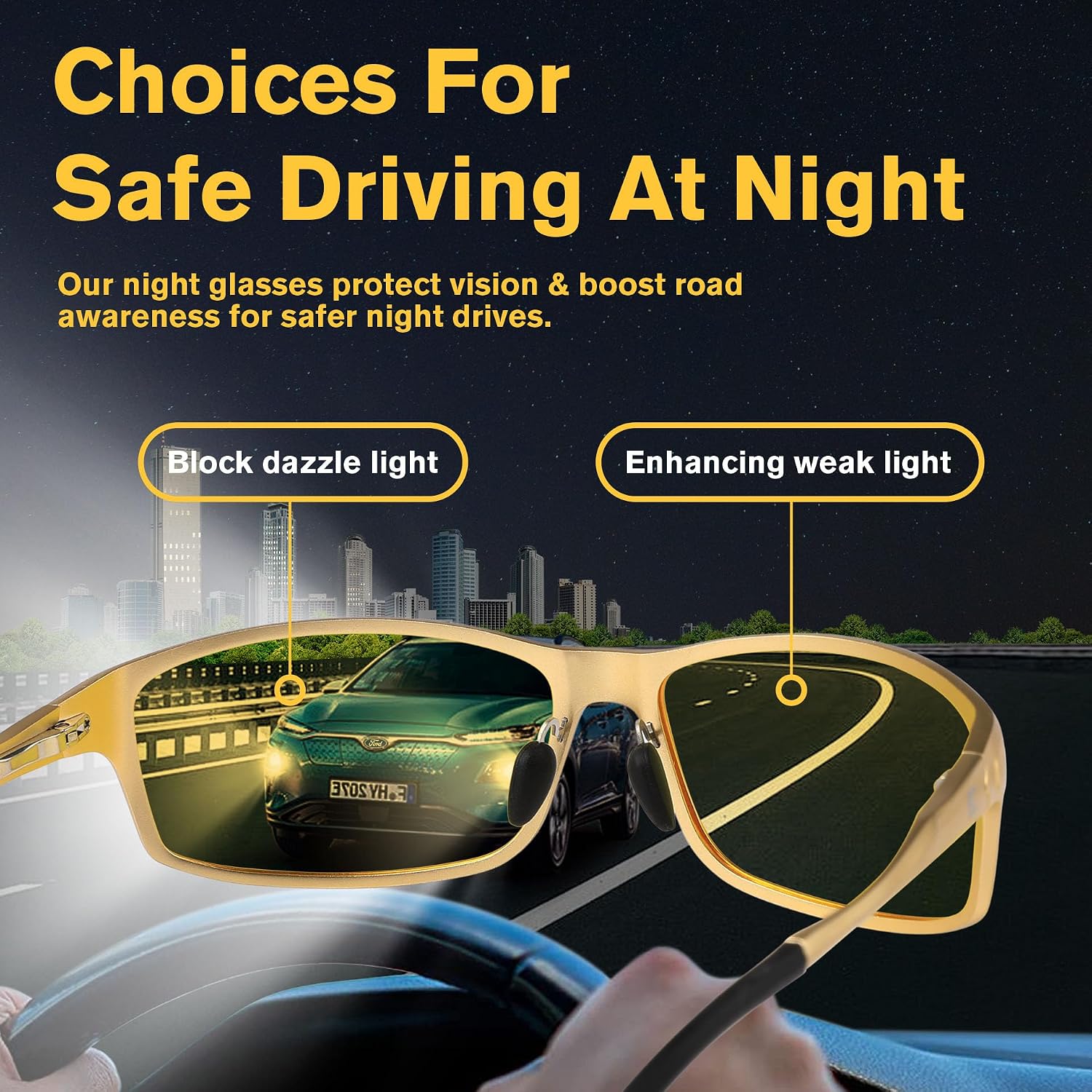 Night Vision Glasses for Driving: Al-Mg Metal Yellow Anti-Glare Night Glasses Reduce Eye Strain for Drivers Rain Snow