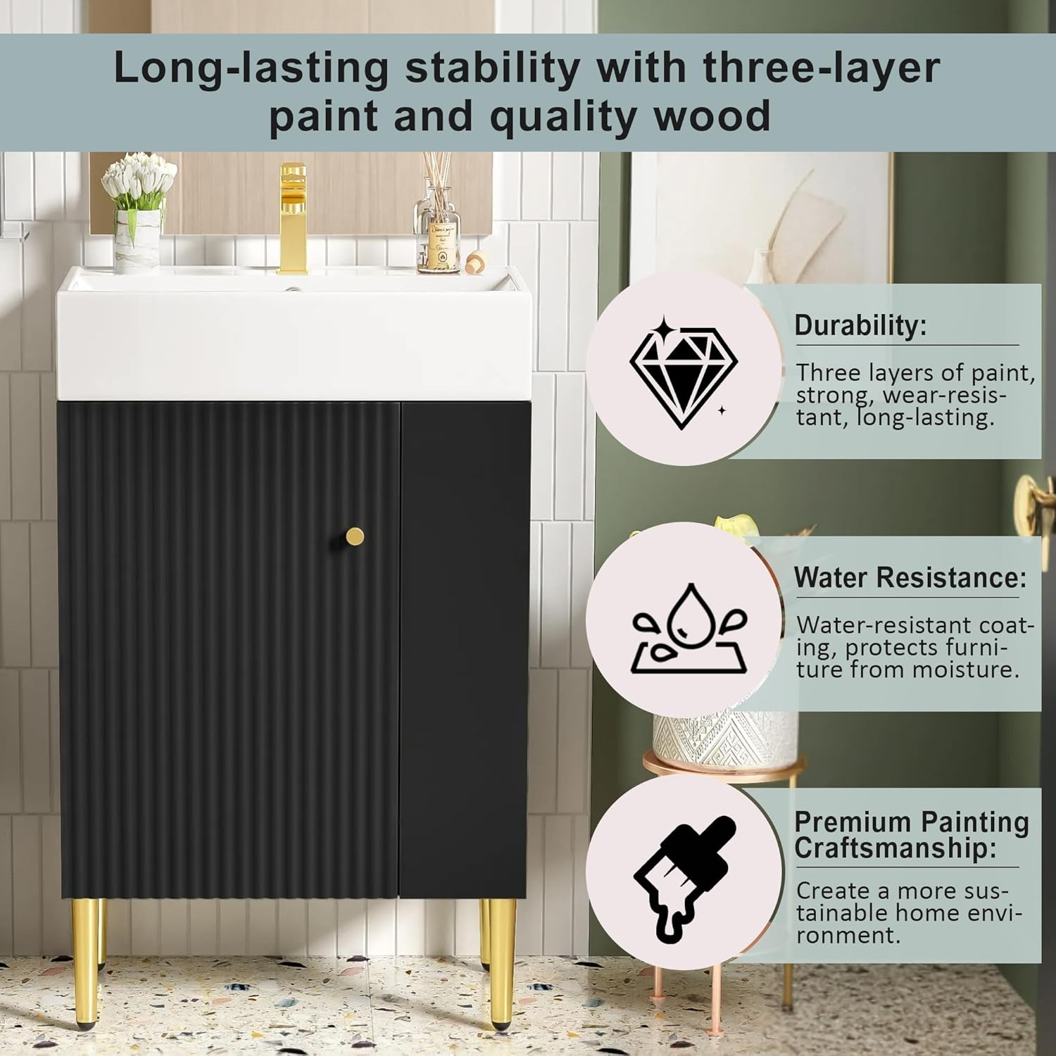 Merax 21.6 Inch Small Bathroom Vanity Sink Combo, Freestanding Bathroom Cabinet with Undermount Ceramic Sink, Modern Bathroom Storage Vanity Soft-Close Doors, Black