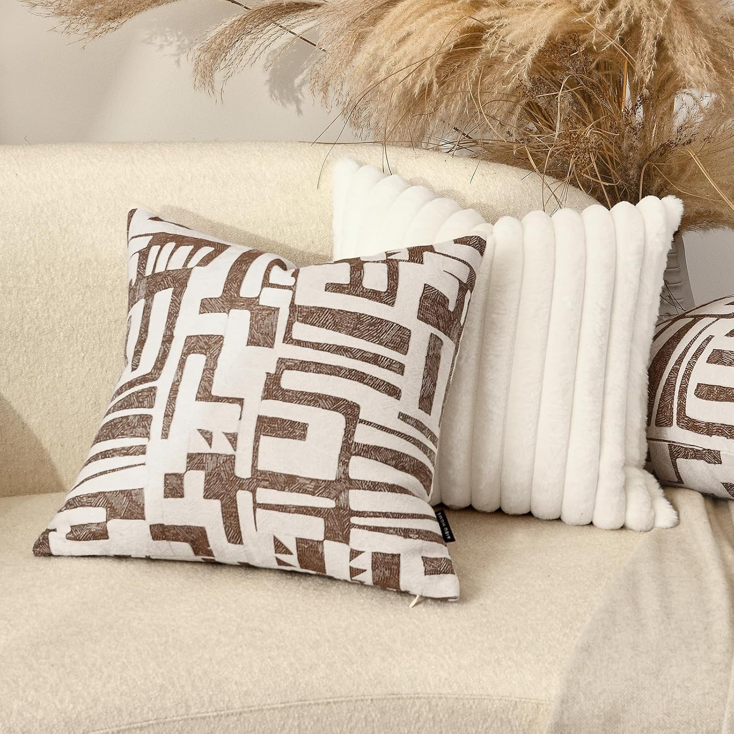 Throw Pillow Cover 20x20, Double Sided Geometric High Density Jacquard Pillow Covers for Sofa, Bed, Rattan Chair, Bedroom, Living Room(Brown)