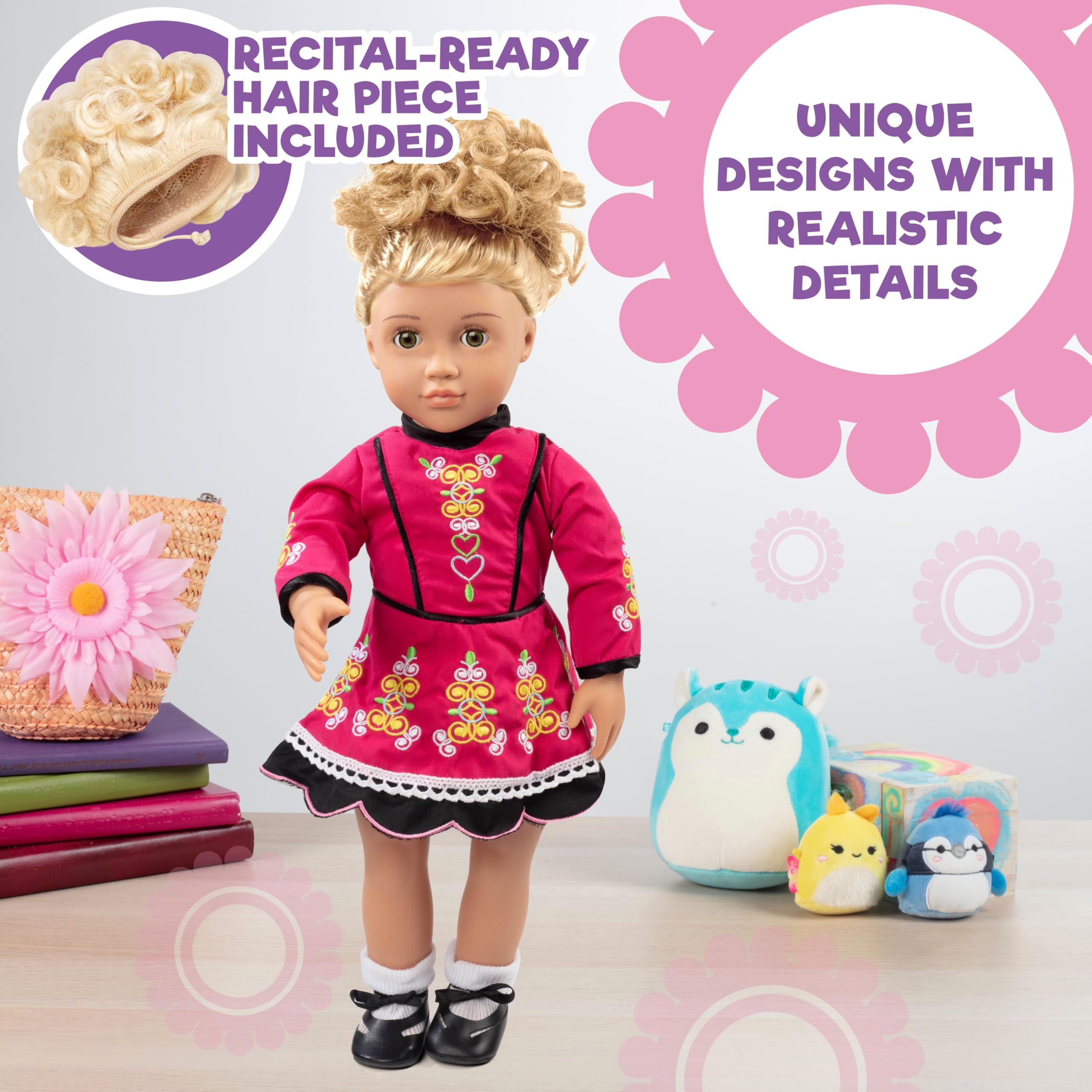 4pc Irish Step Dancing 18" Doll Outfit- American Clothes & Accessories Set Includes Dance Dress, Blonde Hairpiece, Gillies, & Leggings Set for Girls