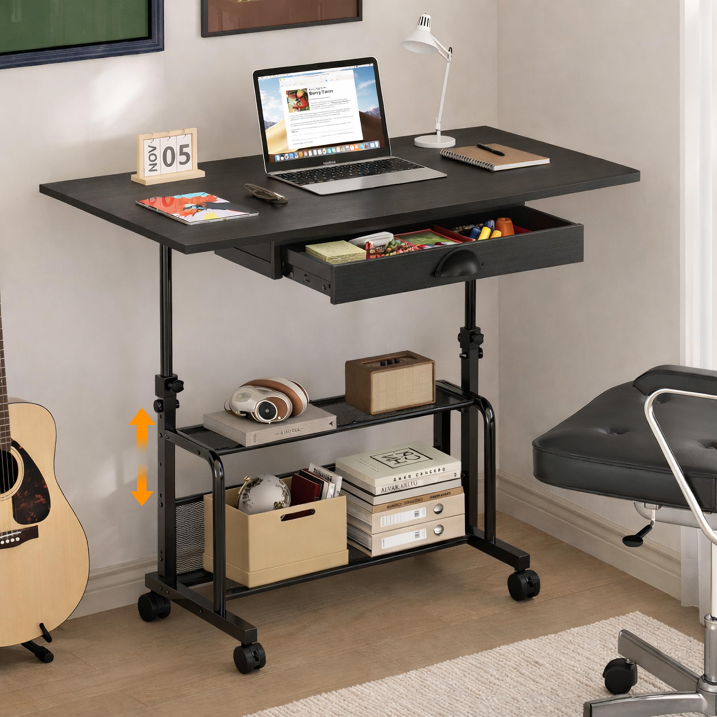 Adjustable Height Small Computer Desk with Drawers Portable Rolling Desk for Seated Use 32 Laptop Desk for Home