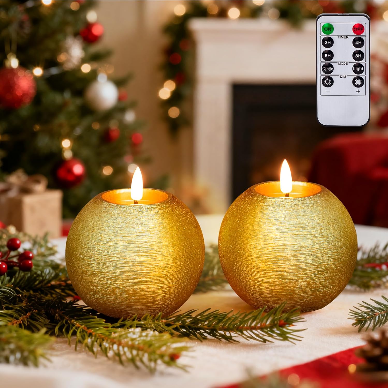 Gold Glitter Battery Operated Round Candles with Timer, Flickering Real Wax LED Flameless Ball Candles for Christmas Party Home Decor Table Centerpieces, Set of 2 (4 Inch)