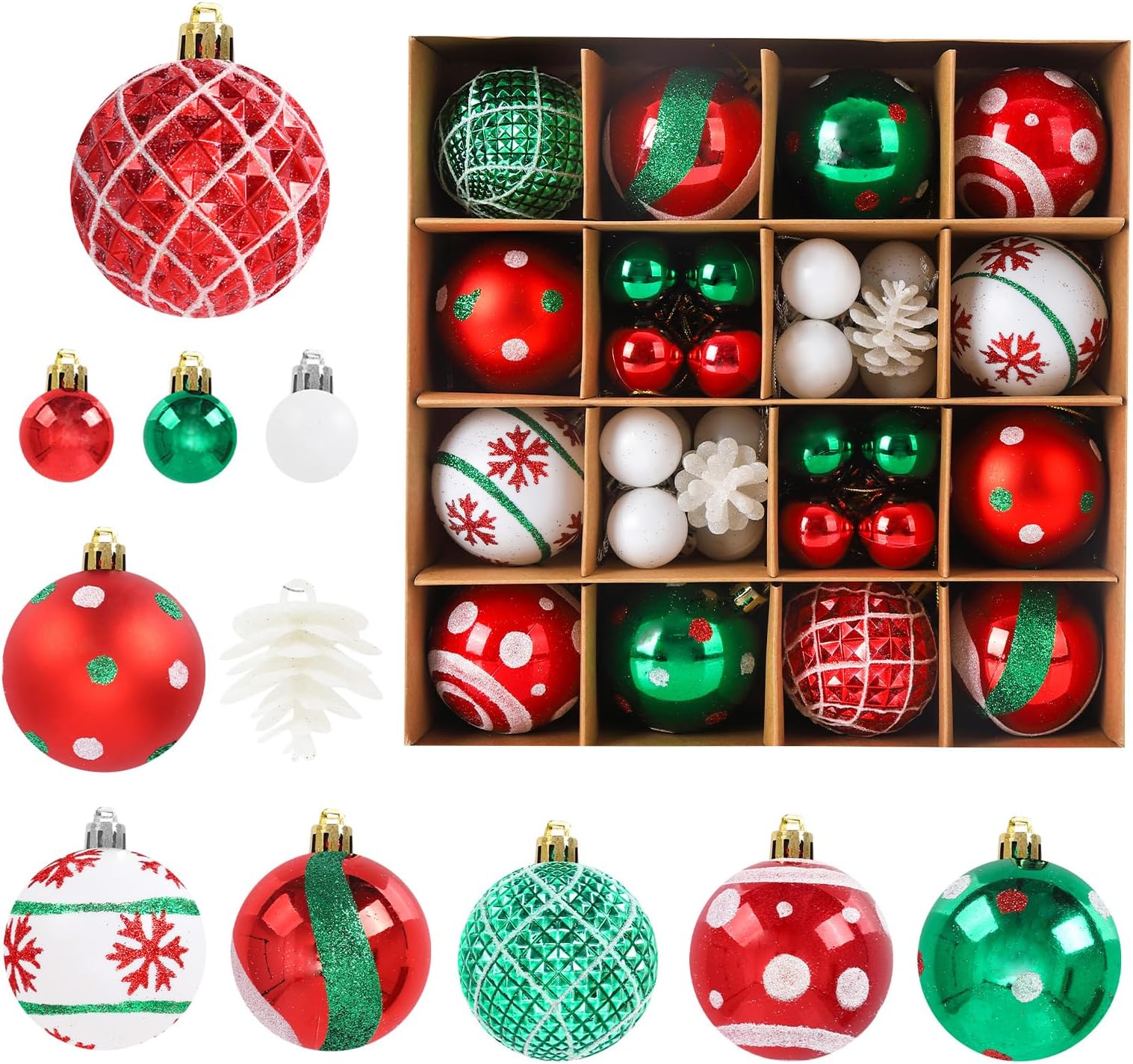 42 Pcs Christmas Ball Ornaments, Hanging Baubles Balls Ornaments, Decoration Set, Delicate Xmas Theme Painting & Glittering Pendants Decorative Red-Green