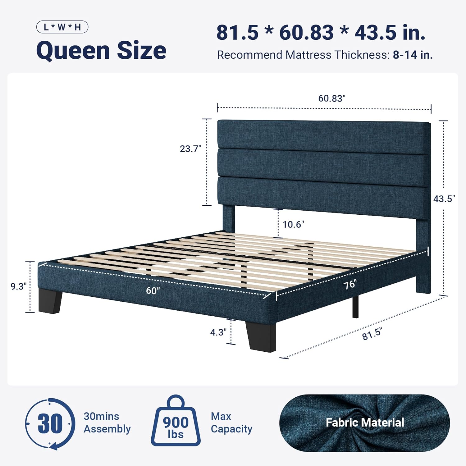 Allewie Queen Size Platform Bed Frame with Fabric Upholstered Headboard and Wooden Slats Support, Fully Upholstered Mattress Foundation/No Box Spring Needed/Easy Assembly, Navy Blue
