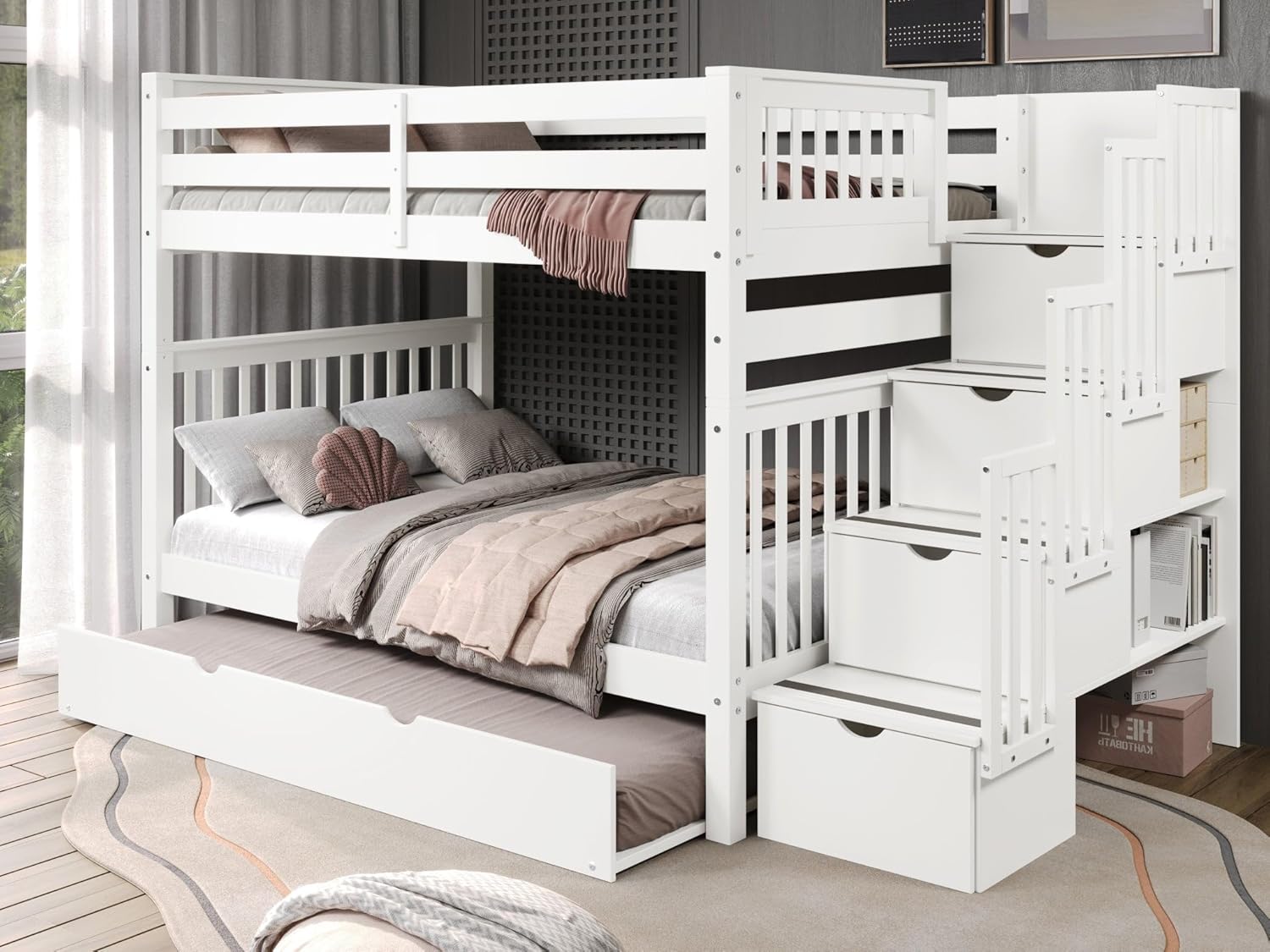 Bedz King Stairway Bunk Beds Full Over Full, 4 Step Drawers, Full Trundle, White