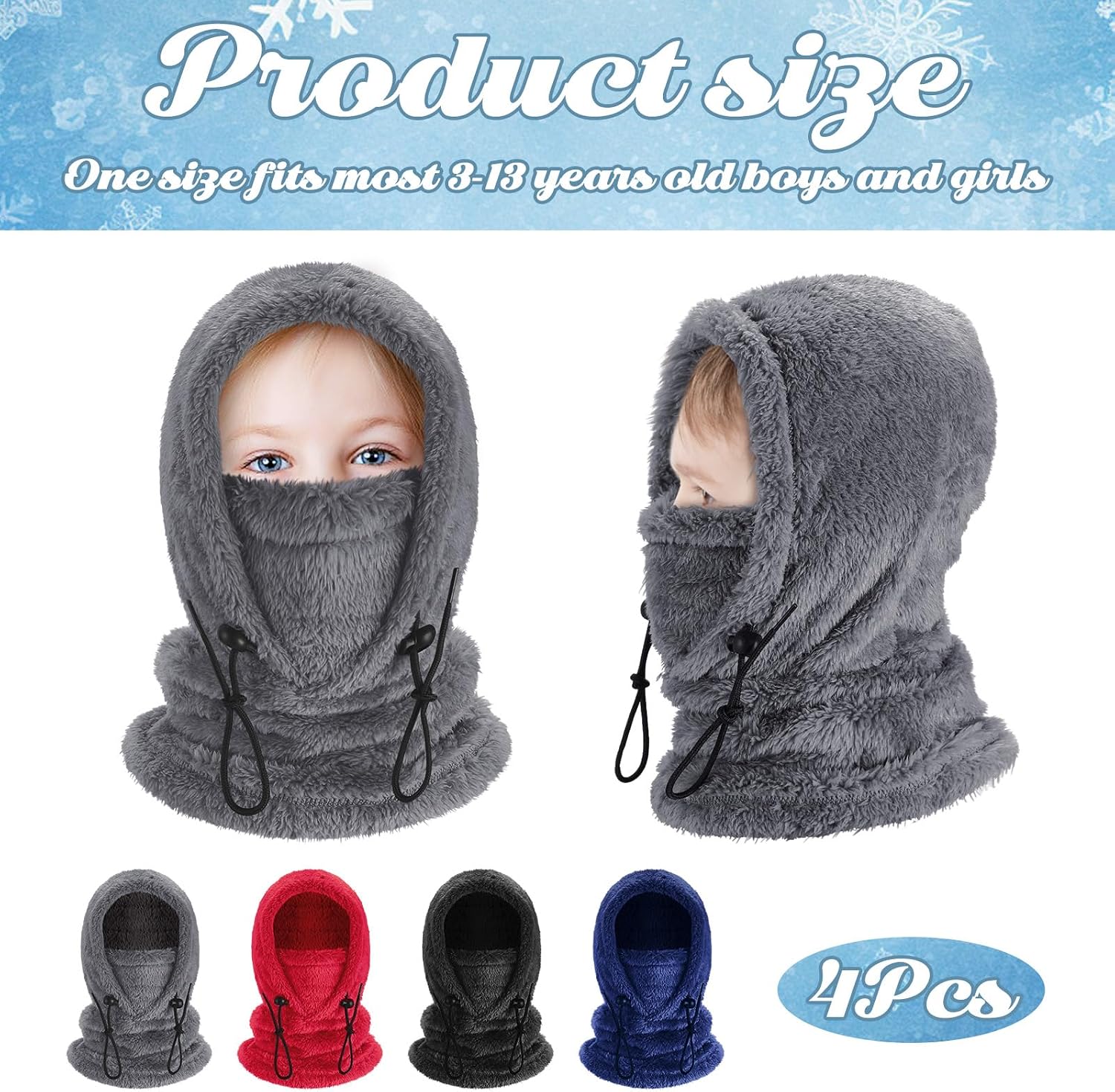 4 Pcs Balaclava Windproof Winter Hooded Neck Warmer,Bright Color | Fleece Thermal Cover for Boys Girls Skiing Cycling, Drawstring Design, Full Head and Face Protection for Outdoor Cold Weather