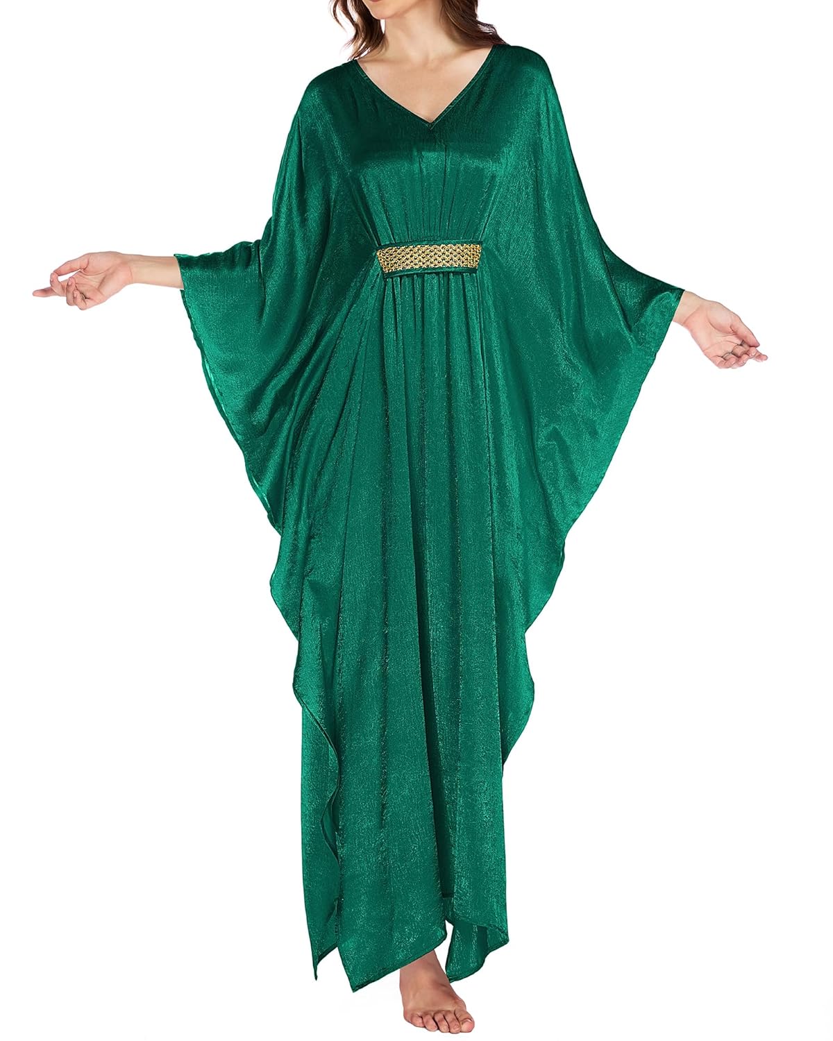 Bsubseach Kaftan Dresses for Women Solid Color V Neck Batwing Sleeve Caftan Dress Satin Plus Size Maxi Beach