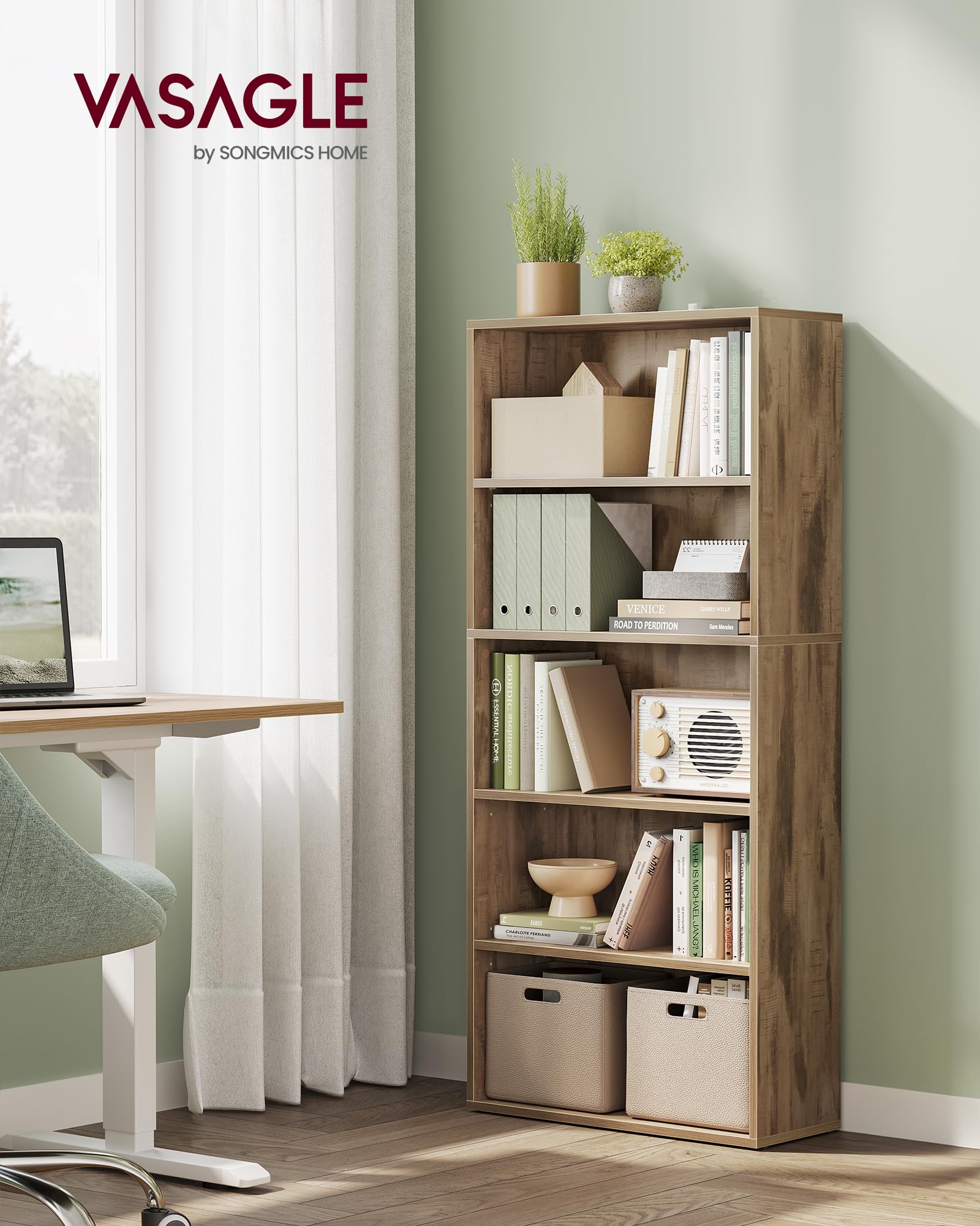 vasagle custos collection - bookshelf, 5-tier bookcase, book shelf, open storage shelf, 9.4 x 23.6 x 52.5 inches, for living room, home office, dining room, camel brown ulbc165t50