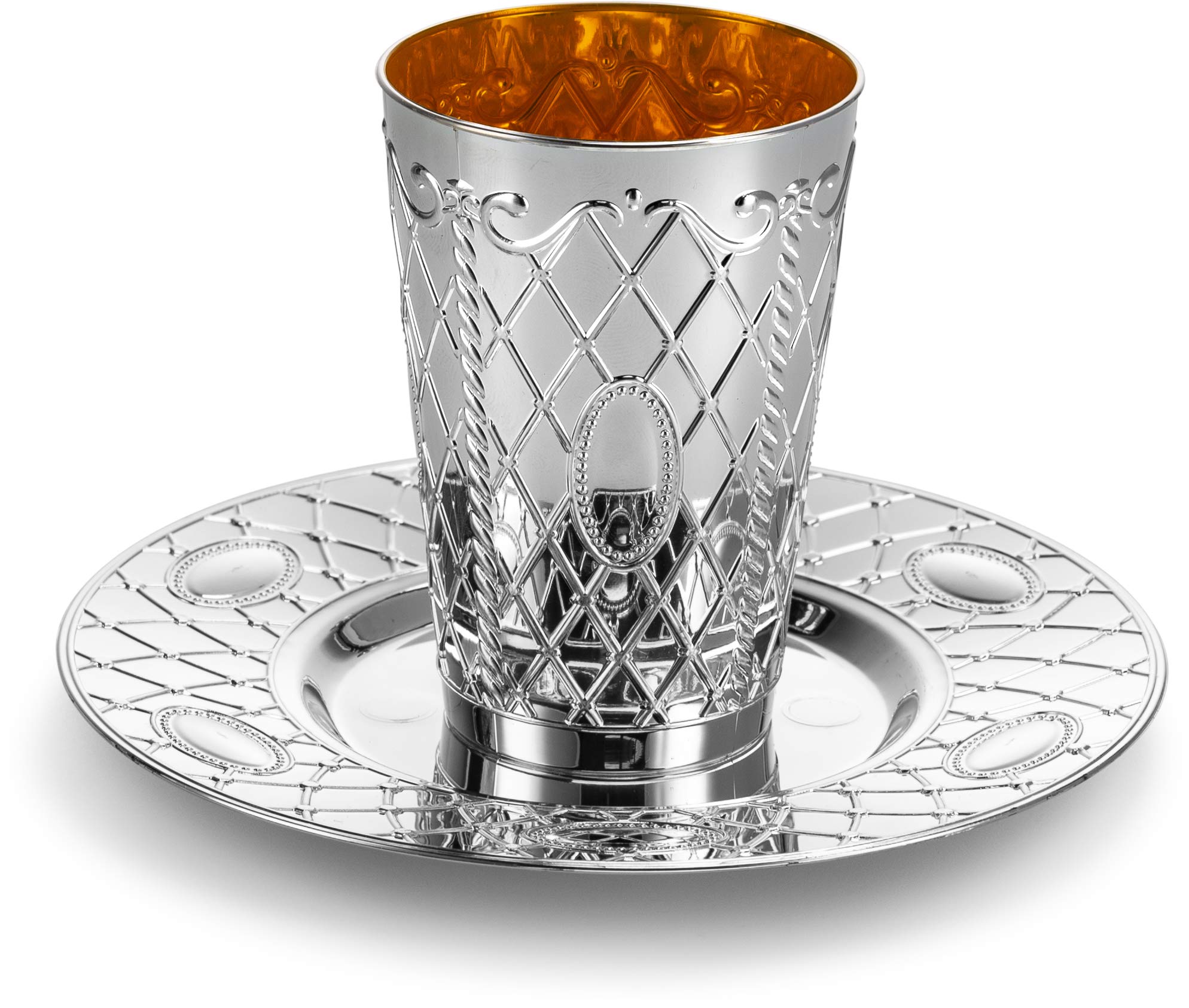 Laura Stein [6 Pack] Premium Designed Disposable, Silver-like, Plastic Silver Kiddush Wine Drinking Cup With Matching Tray For Wedding, Passover, Shabbat, Havdalah, Or Kids.