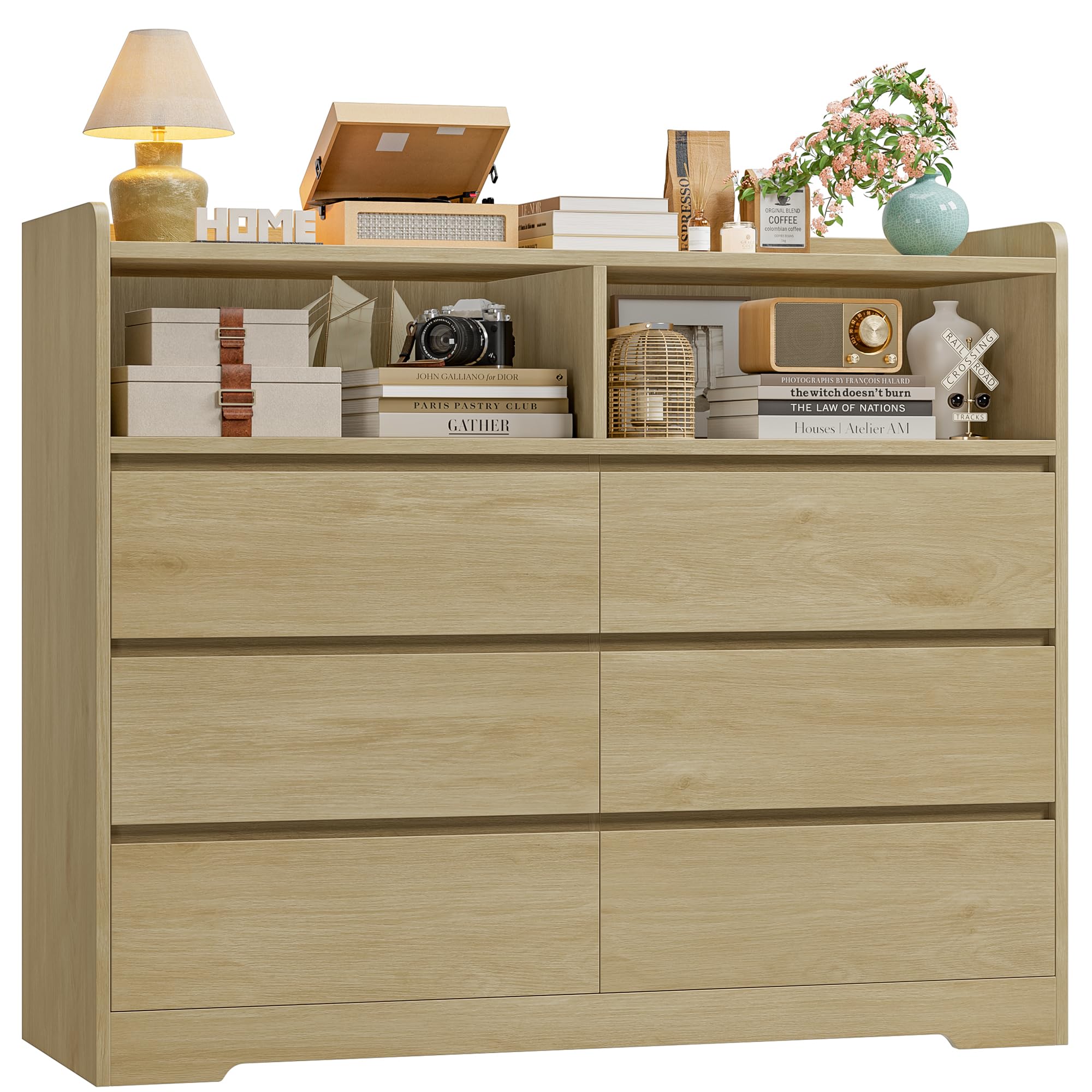FOREHILL Comodas y Cajoneras Dormitorio Roble Anch. 120 cm Cajonera Armario Interior Comoda 6 Cajones 2 Compartimentos Abiertos para Salón Dormitorio Pasillo 120x40x100 cm
