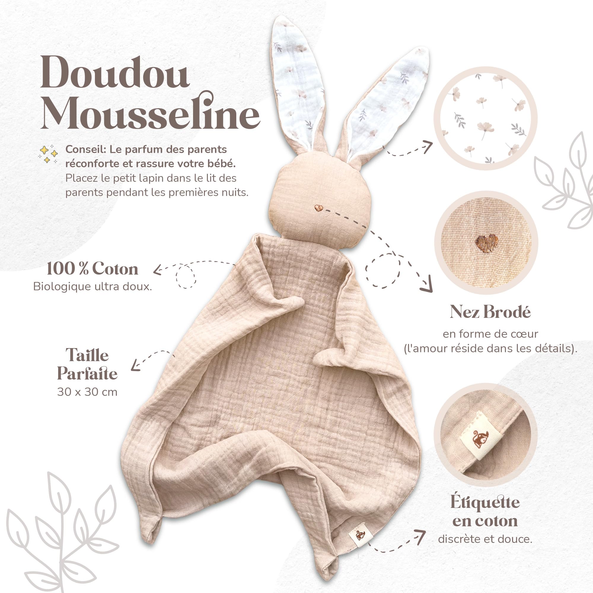 Mikito Coffret Cadeau Naissance Bébé Doudou Lapin, Bavoir Bandana, Mordedor Bois 100% Coton Bio Certifié Oeko-TEX et GOTS