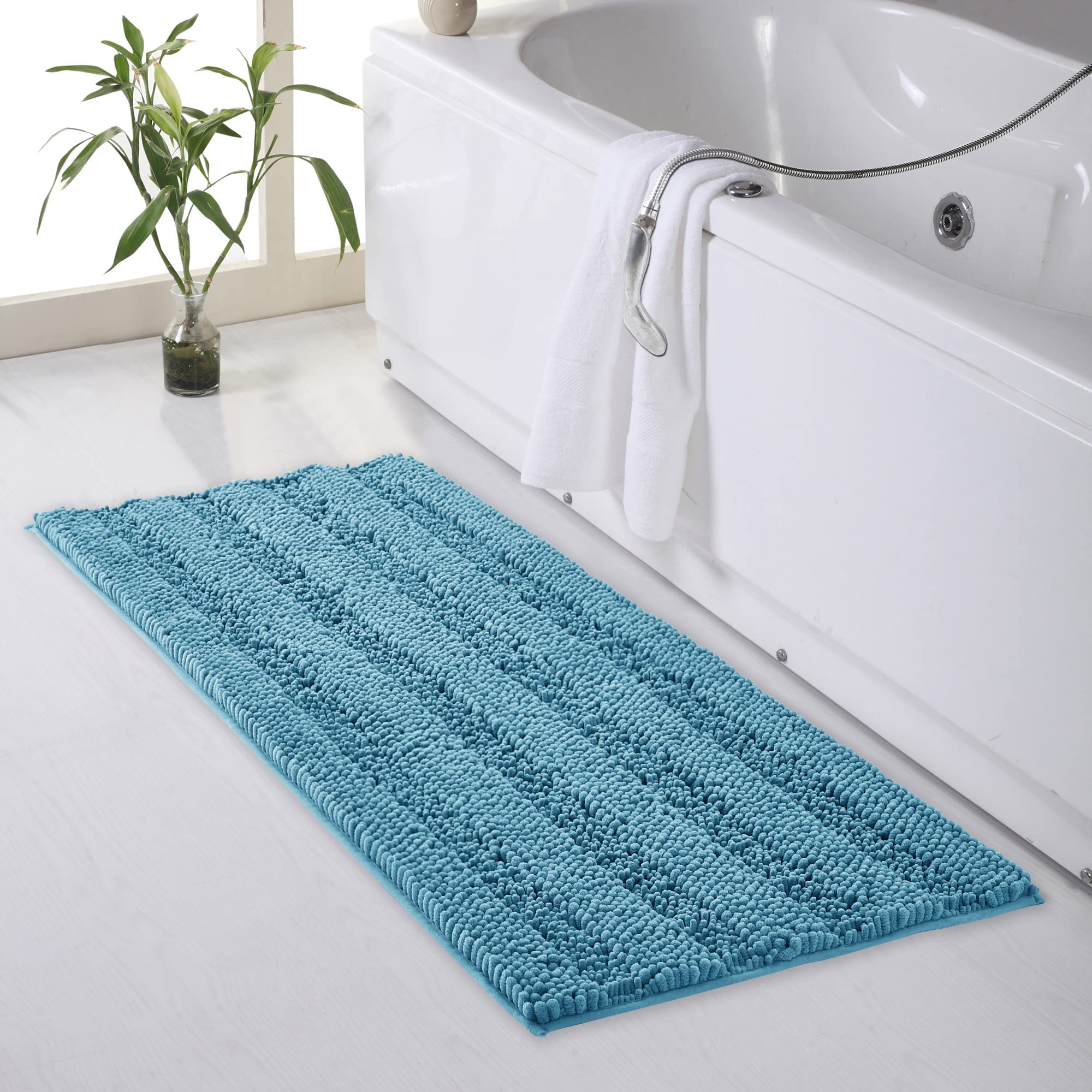 KGORGE Absorbency Bathroom Rugs - Non-Slip Chenille Shower Mats Washable Quick Drying Ultra Soft Plush Area Carpet for Bathtubs Spa, Bluish Green, 47"