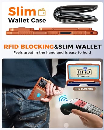 for iPhone 17 Pro Case Wallet, Built-in Card Holder (4-5 Cards), RFID Blocking,Camera Control Button, Slide Camera Cover, Shockproof Rugged Phone Case for iPhone 17 Pro,Cosmic Orange