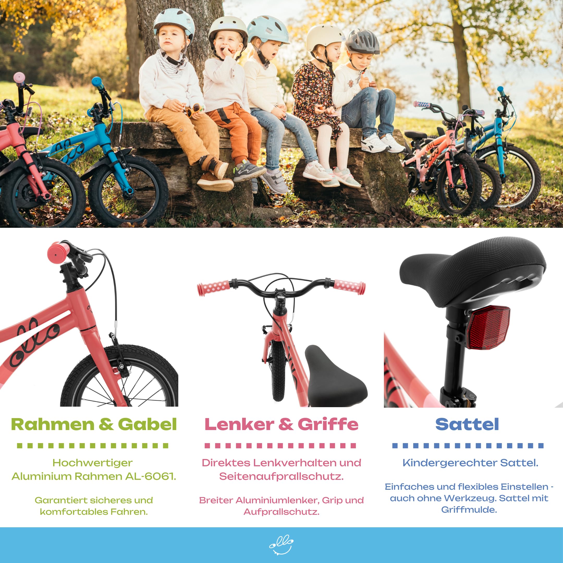 Ollo Adventure Bike 14 Zoll Kinderfahrrad ab 3 Jahre - leichtes Fahrrad für Kinder 95-110 cm - Aluminiumrahmen, kindgerechter Sattel, Bremsen, Schutzbleche, Ständer & Gym Bag