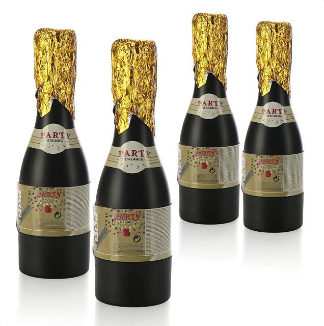 com-four® 4x Shooter Party Popper Champagne, confetti cannon for New Year's Eve, parties, birthdays, confetti bomb as a champagne bottle (4 pieces - champagne bottle)