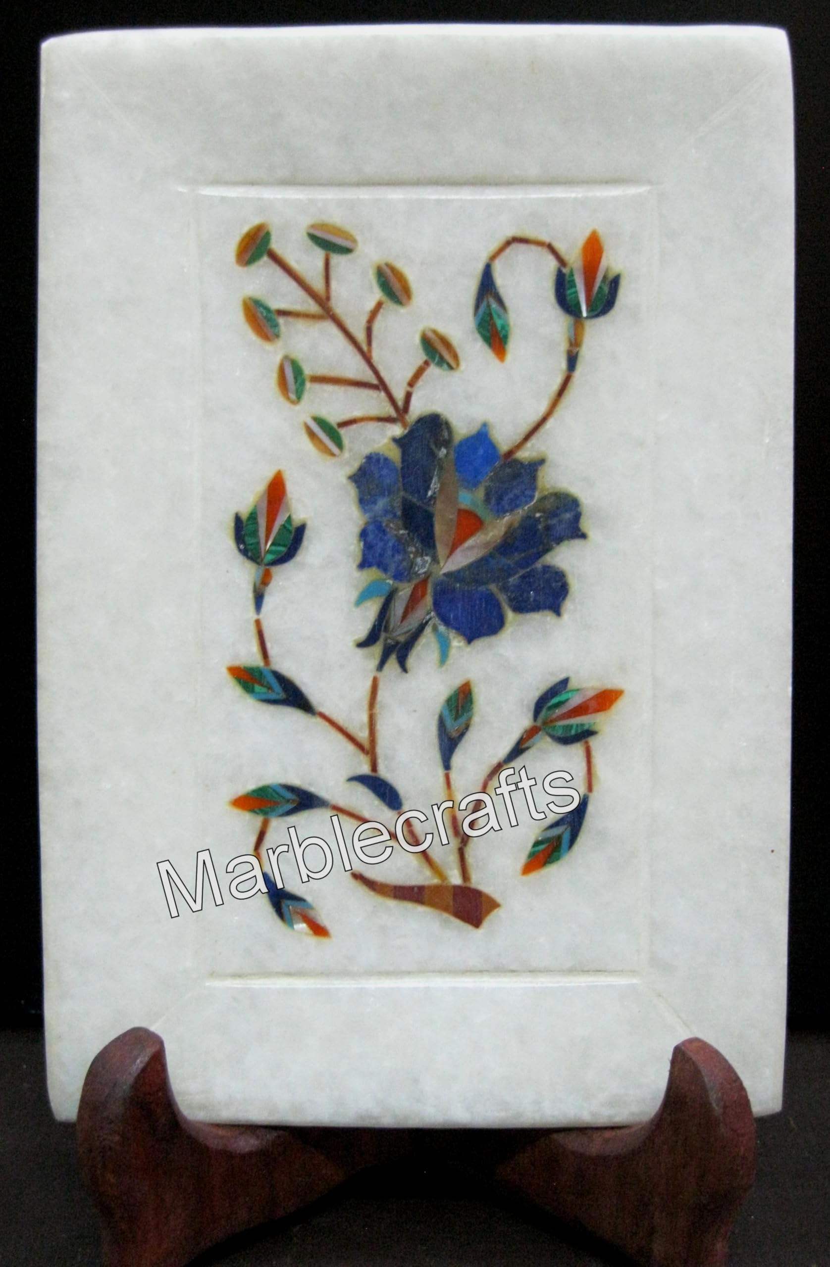 Plateau de service en marbre blanc 15x10 cm incrustation pierres semi-précieuses