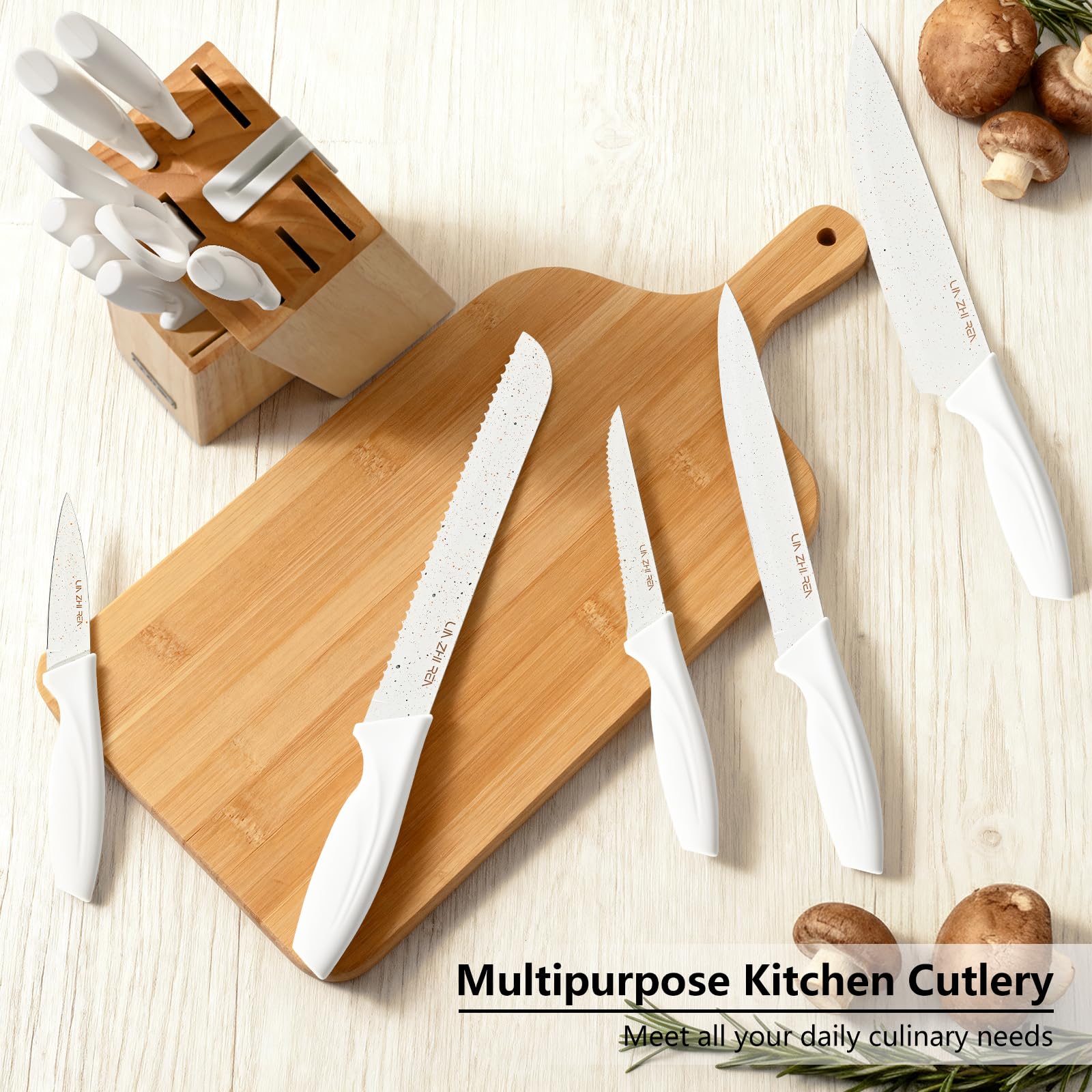 Set de couteaux 13 pièces blanc – bloc porte-couteaux avec affûteur intégré, acier carbone élevé, manches ergonomiques antiglisse, compatible lave-vaisselle
