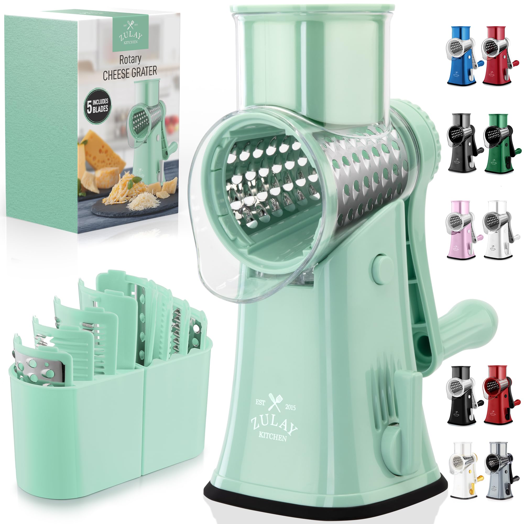 Rotary Cheese Grater Manual Hand Crank 5 Blade Shredder, Mint