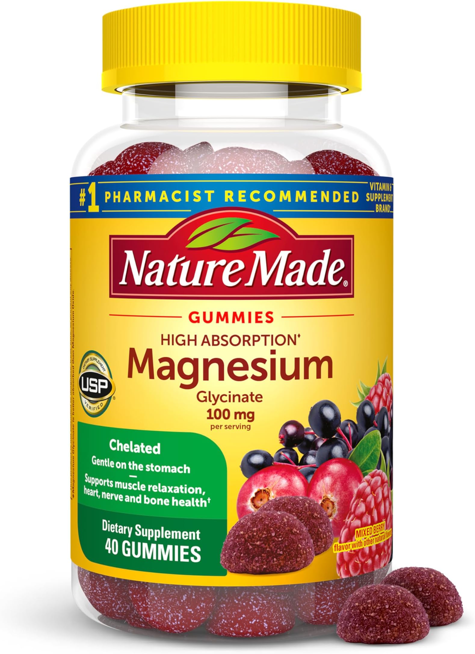 Nature Made High Absorption Magnesium Glycinate Gummies 100 mg per Serving, Muscle, Nerve, Bone and Heart Support, Magnesium Supplement, 40 Magnesium Gummies, 20 Day Supply