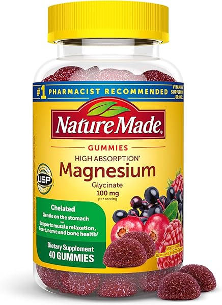 Nature Made High Absorption Magnesium Glycinate Gummies 100 mg per Serving, Muscle, Nerve, Bone and Heart Support, Magnesium Supplement, 40 Magnesium Gummies, 20 Day Supply