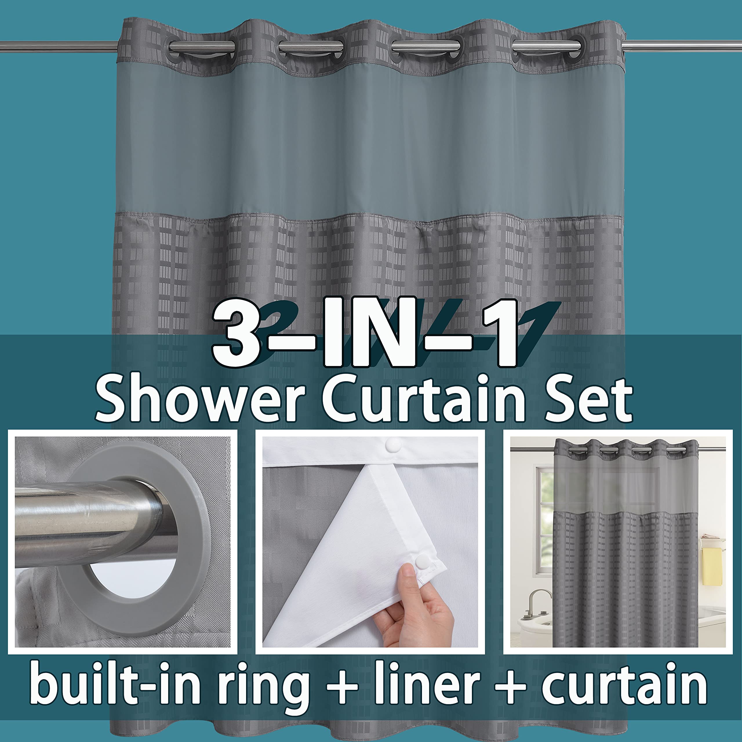 Conbo Mio Rideau de douche sans crochet avec doublure à clipser pour salle de bain Imperméable à l'eau Antirouille avec anneaux flexibles 71" x 74" Carreaux gris
