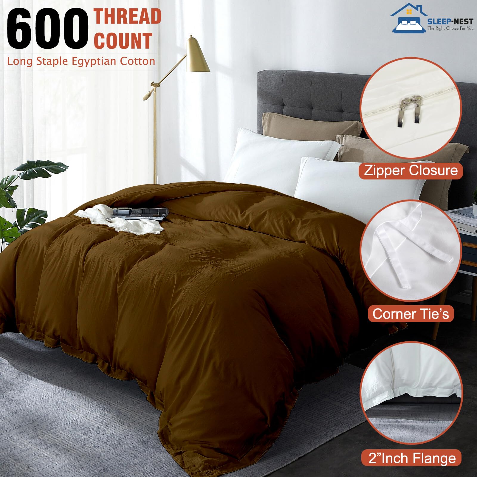 SLEEP-NEST Oversized King Duvet Cover | 128x120 Inch 600 Thread Count 100% Cotton | Hidden Zipper & Corner Ties, White - View #7