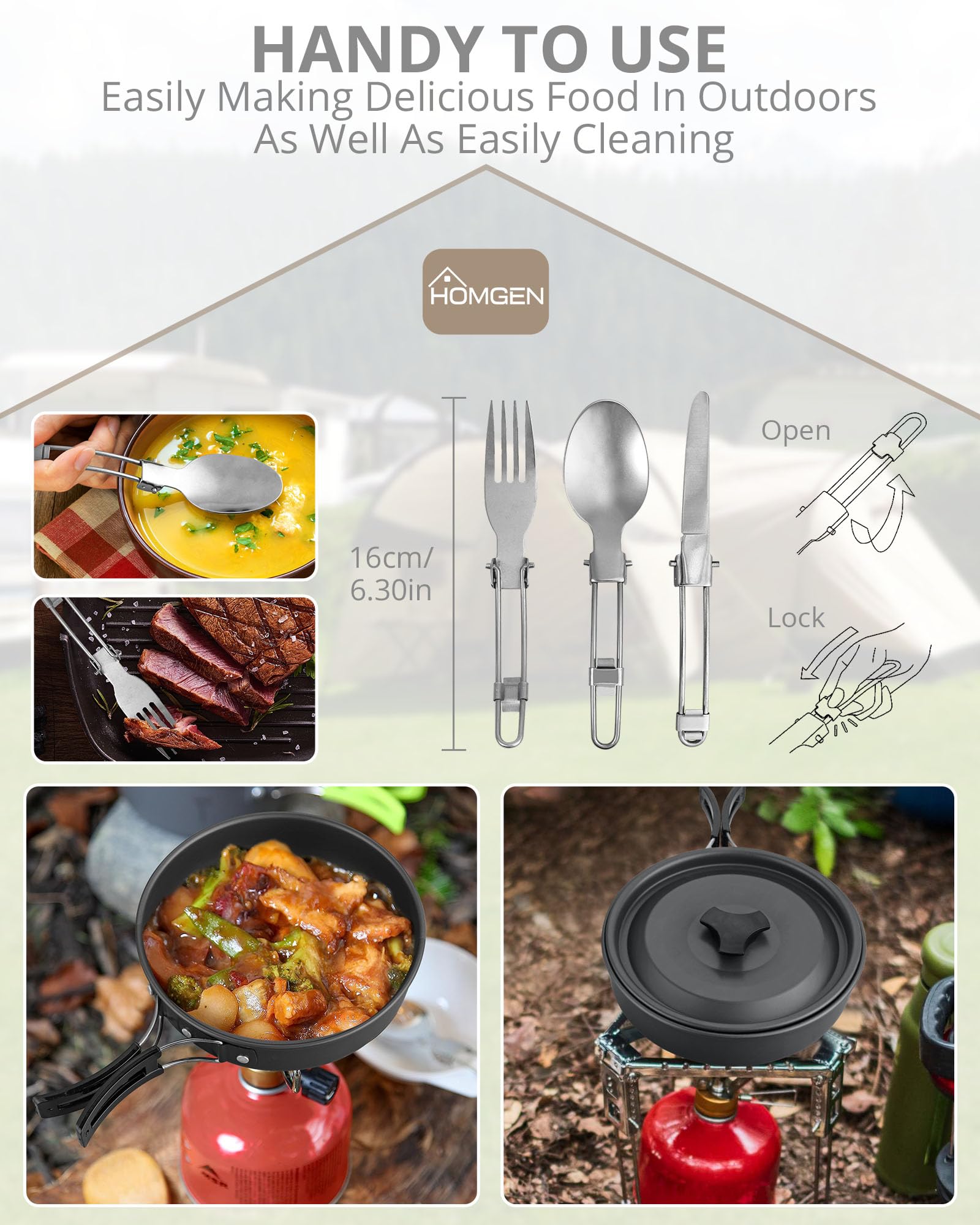 Utensilios de Cocina para Camping HOMGEN Juego de Ollas y Sartenes para Acampar Juego de Cocina de Aluminio para 1-2 Kit Camping con Cubiertos para Estufa de Gas para Camping, Picnic, Senderismo, etc.
