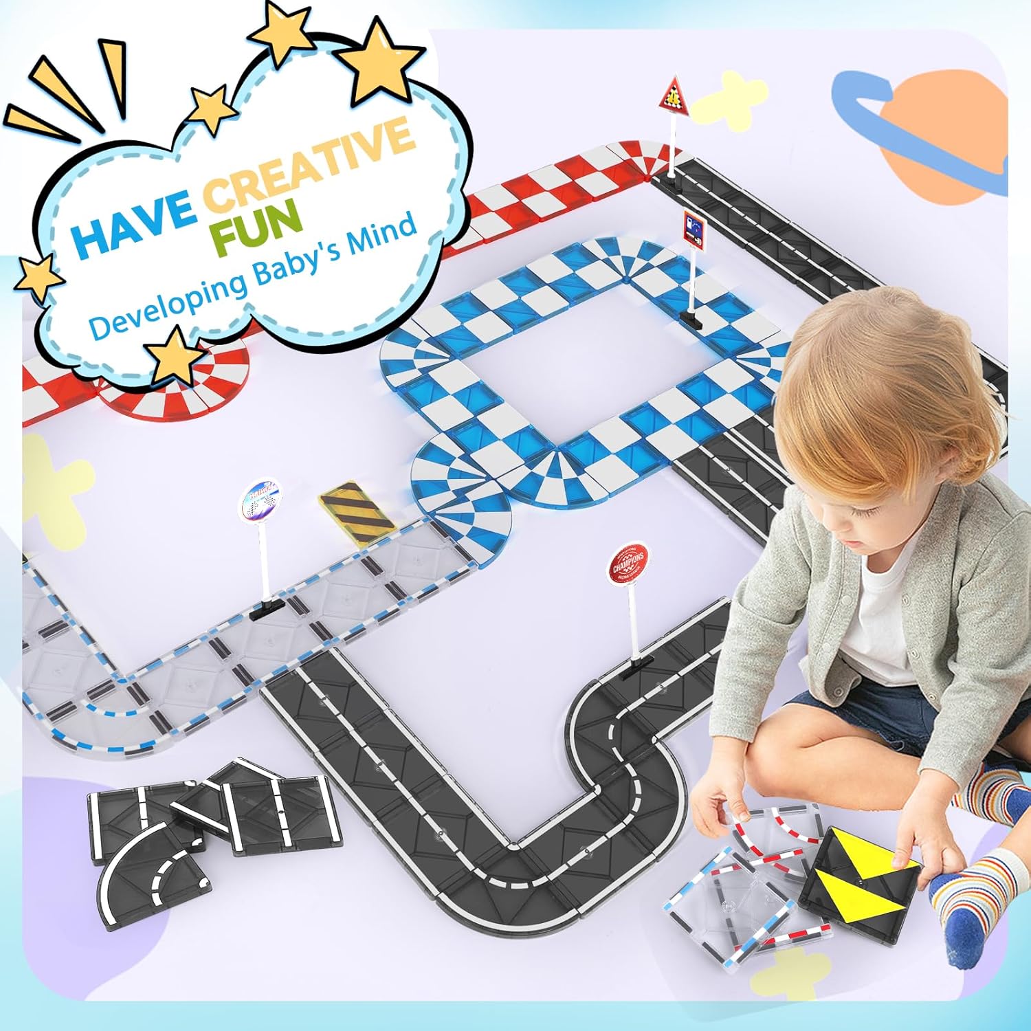 Mruikeny Magnetic Tiles Road Set & Racing Track Expansion Pack, Magnetic Blocks Building Toys for 3+ Year Old Boys Girls, STEM Magnet Toys Magnet Tiles for Toddlers 3-5 4-8