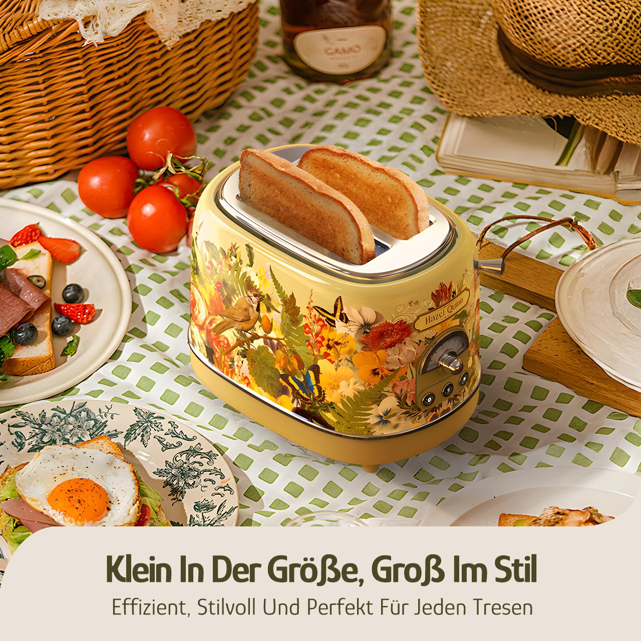Hazel Quinn × Eduardo Recife 2-Scheiben Vintage Retro-Toaster Floral Design | Edelstahl, 6 Bräunungsstufen, 815 Watt, Auftau-, Aufwärm- und Stoppfunktion, Krümelschublade, ideal für Familien und Paare