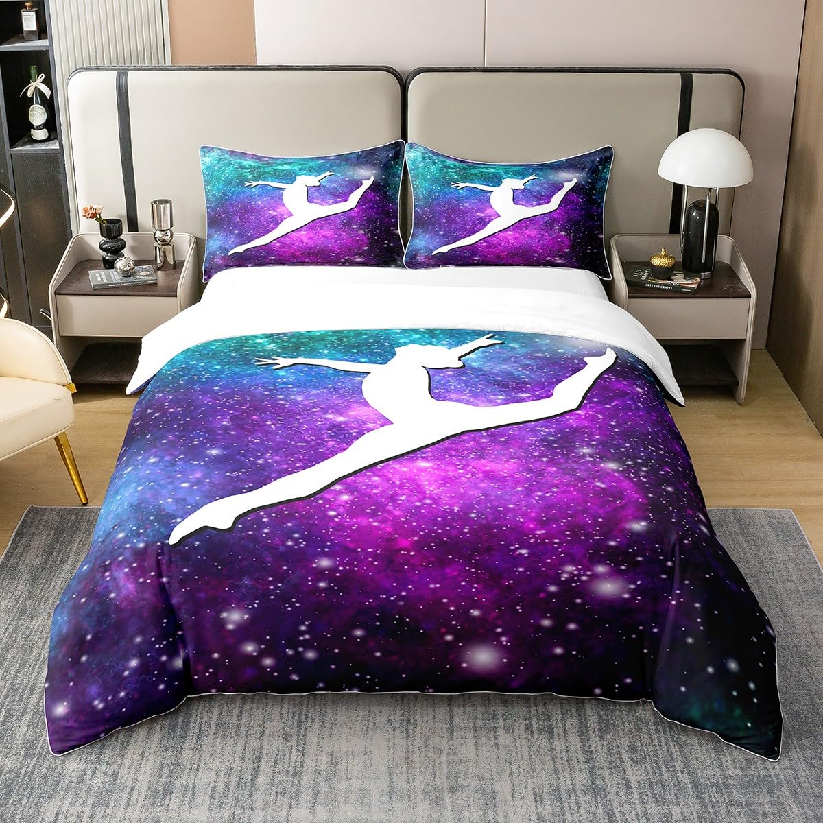 Loussiesd Gymnastik Bettbezug Set Glitter Bettwäsche Set 135x200cm 100% Baumwollecm für Kinder Mädchen Weltraum Galaxie Dekor Betten Set Bettdeckenbezug Blau und Lila Galaxie Schlafzimmer Bettwäsche