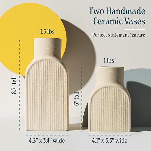 Miniatura 5 de Ceramic Ribbed Vases - 2 Piece Set, Small and Large Vase, Bottle Flower Planter Set. Scandi Style Home Decor. Neutral Cream Home Decor, Coastal
