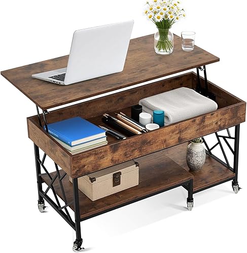 Miniatura 9 de ivinta Mesa auxiliar con rueda de cristal de silicona y marco de metal, mesa central de madera con compartimento de almacenamiento oculto y estante