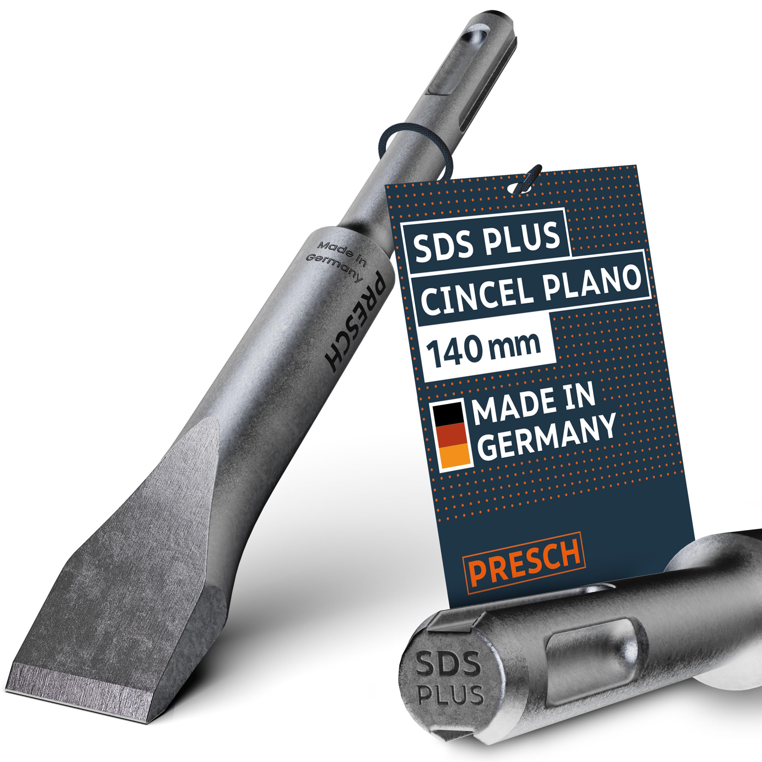 PRESCH SDS plus Cincel Plano - Extremadamente robusto, duradero, con 20mm de anchura de corte - Para todos los trabajos de demolición (longitud 140mm) - Acero de alto rendimiento para golpes potentes