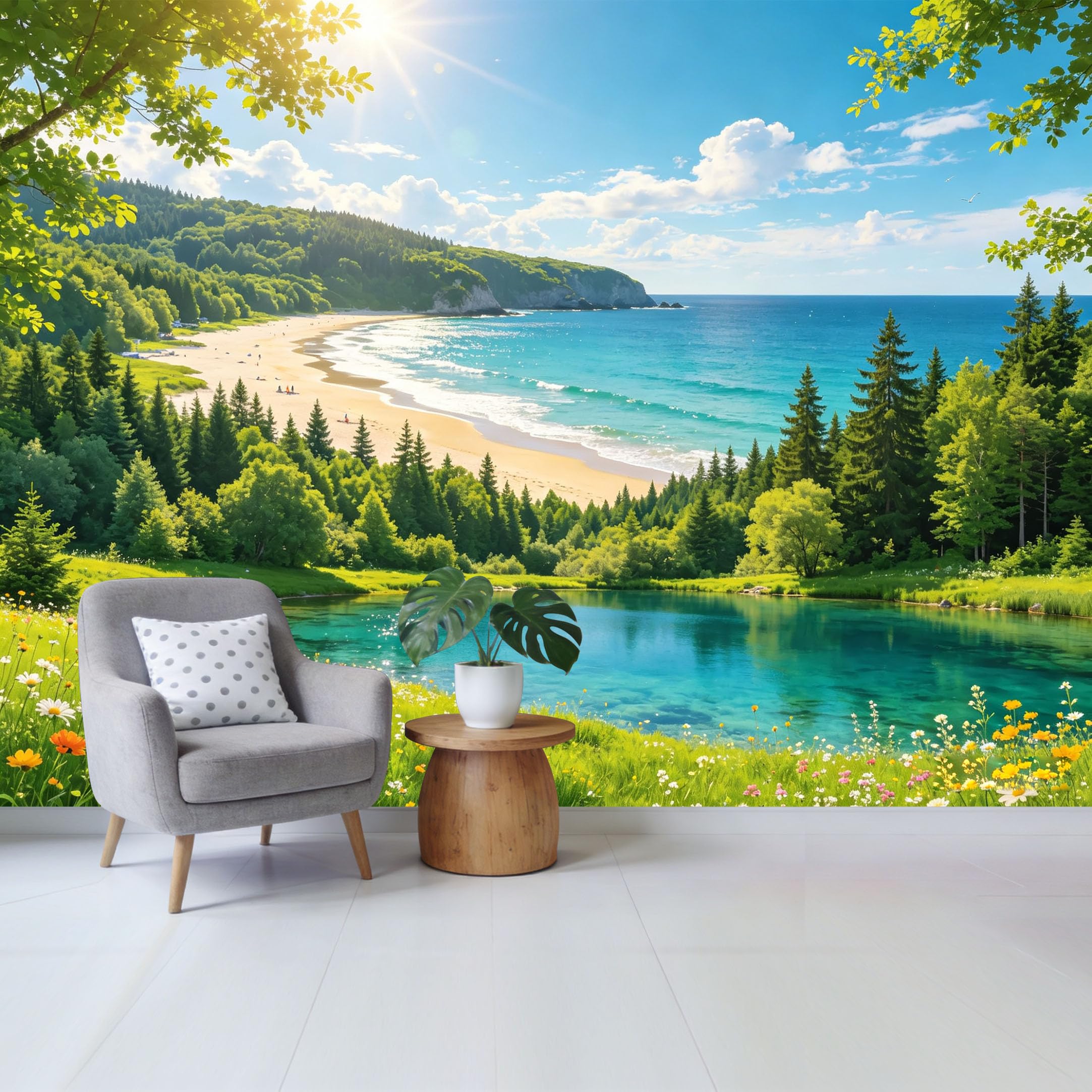 Qzlithotic Yq2605250189 Custom Size Wall Mural Scenic Coastal Forest Lake Landscape Tropical Wildflower Meadow Selfadhesive Wall Fabric Removable Wallpaper For Home Office Decor