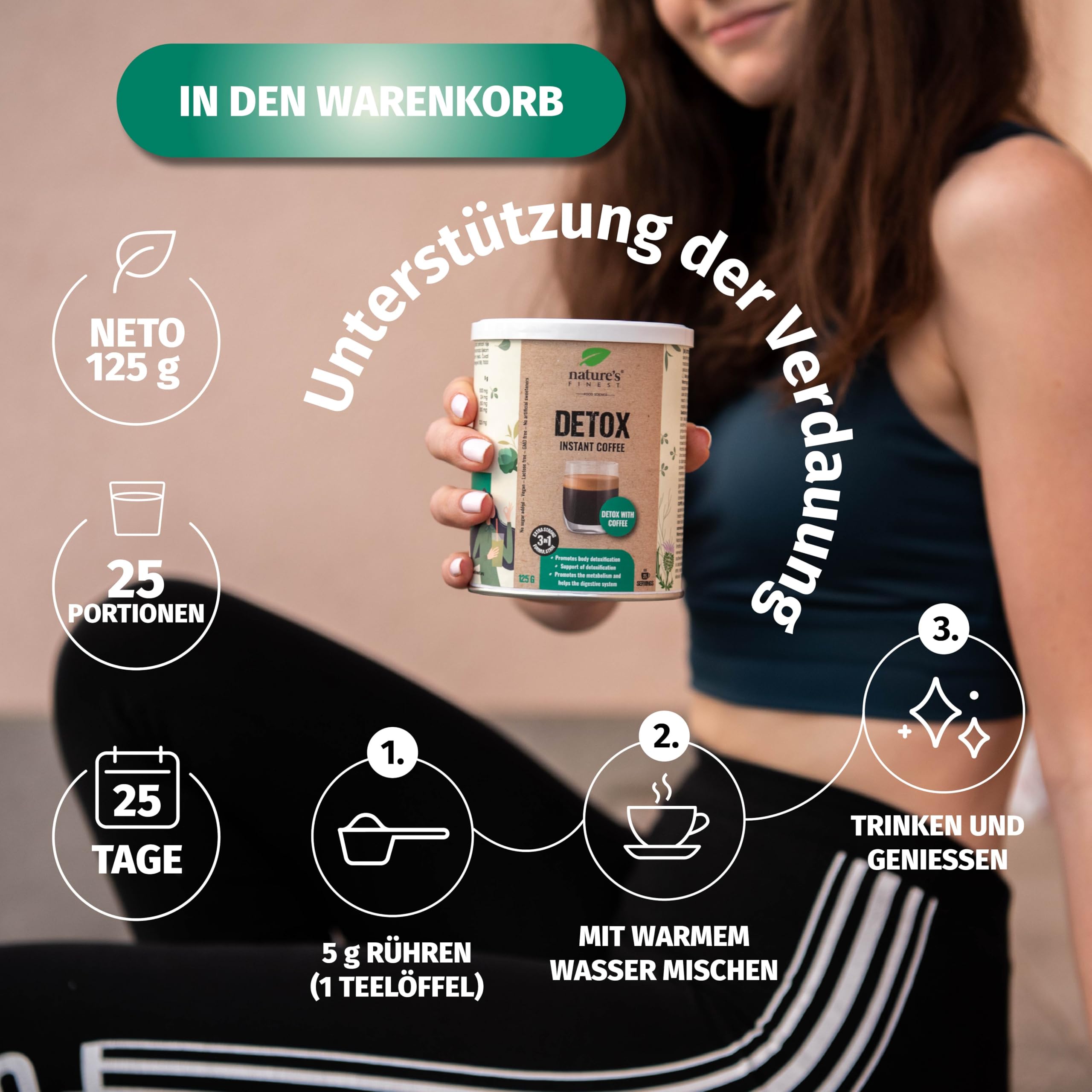 Nature's Finest Detox Coffee, Instant-Kaffee 625 g (5er Pack) | Instant-Kaffee (20 % Arabica) mit Chlorella, Mariendistel- & Artischockenextrakt - vegan, schnell aufgegossen