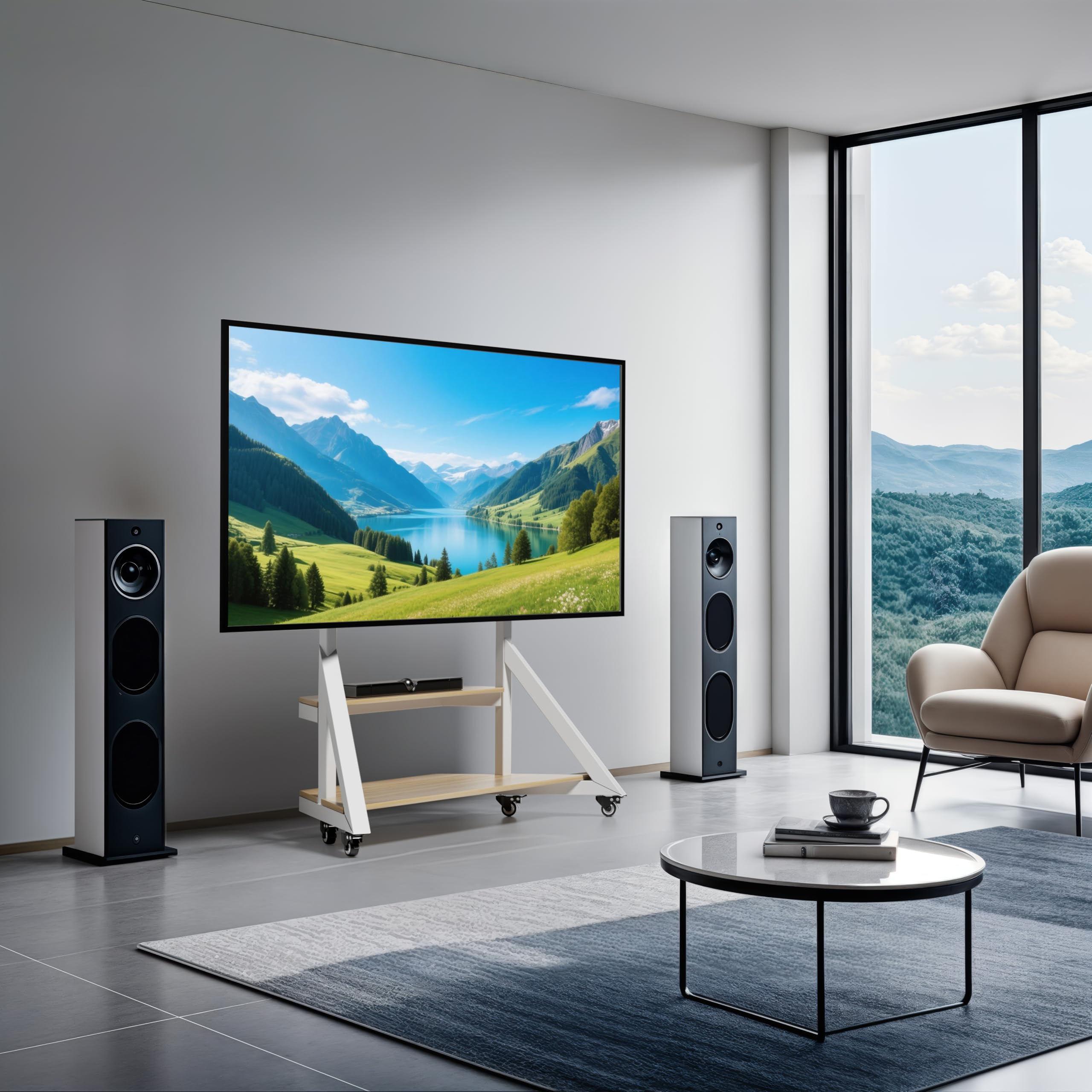 UNHO Soporte TV con Ruedas para 65-100 Pulgadas, Blanco | Soporte de Pie, 2 Estantes, Altura Ajustable 138-158 cm , MAX 100 KG, Vesa 300x200 - 800x600 mm para Salón, Aulas y Oficinas