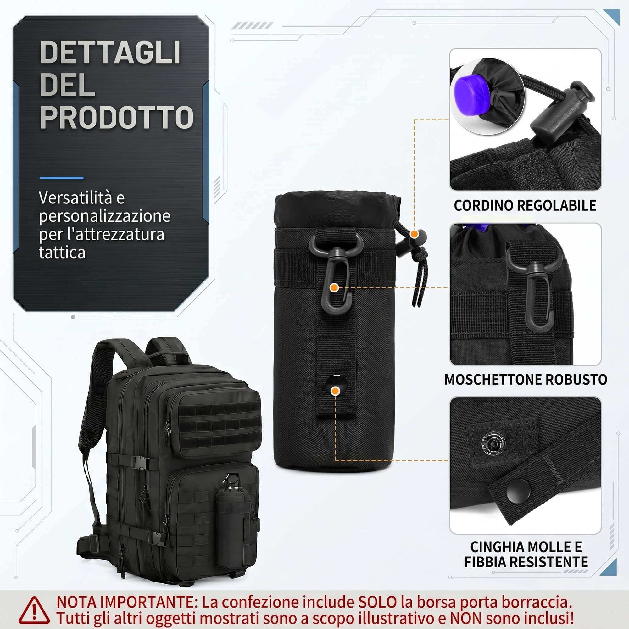 Borsa per Borraccia Molle Tattico Militare Porta Bottiglia 550ml in Nylon 600D Custodia con Tracolla e Coulisse per Sport Outdoor Ciclismo Trekking Campeggio ed Escursionismo