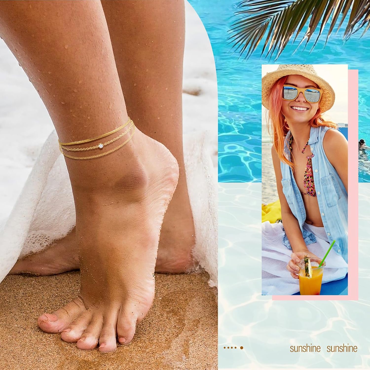 MPRAINBOW Waterproof Gold Anklets for Women - 14k Gold Plated Ankle Bracelets,Summer Beach Surf Foot Chain Multilayered Stacked Bracelet Anklet Set,Layered Trendy Jewelry for Girlfriend