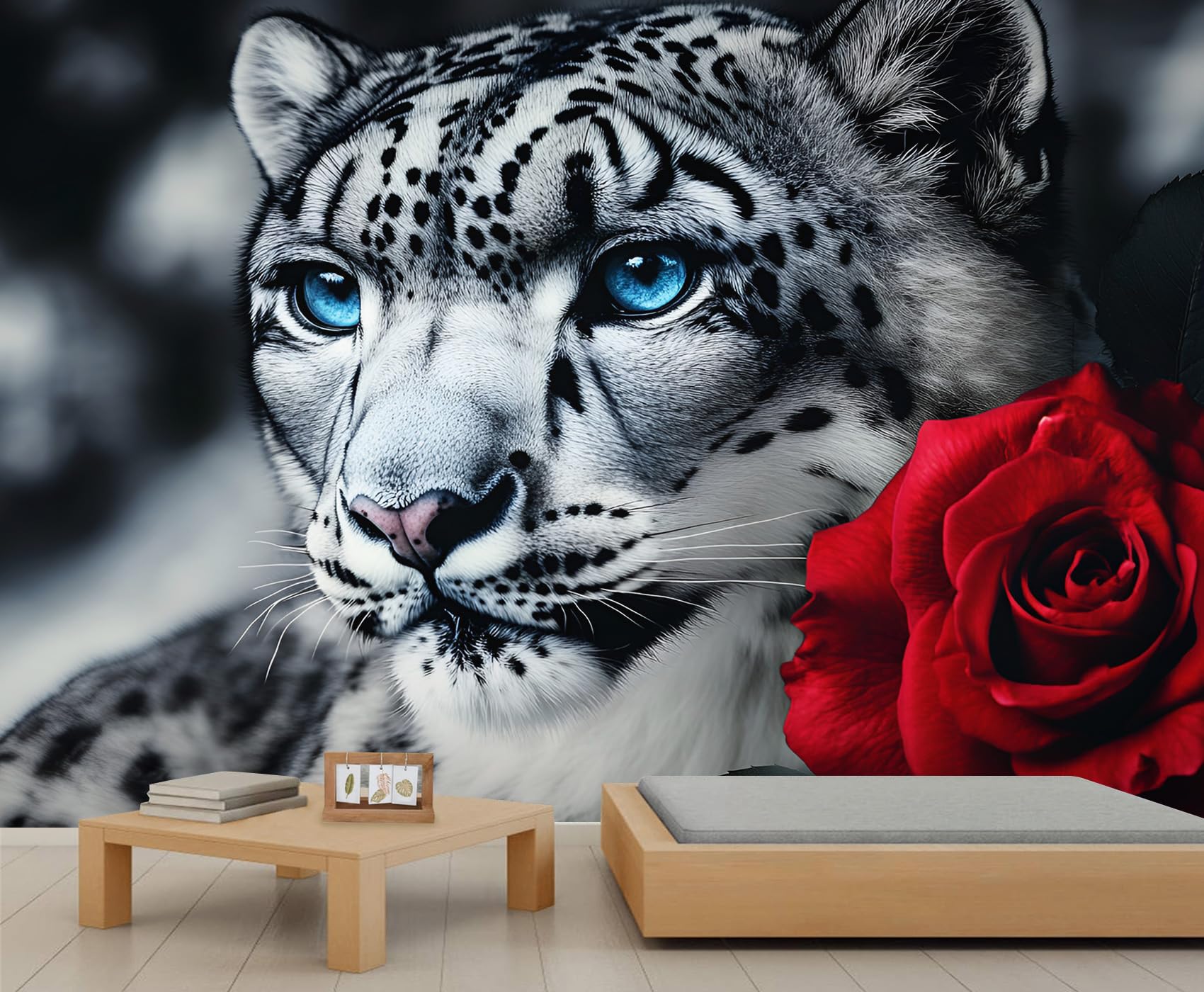Papier peint guépard 3D pour agrandir un grand mur blanc de salon de 490x350 cm