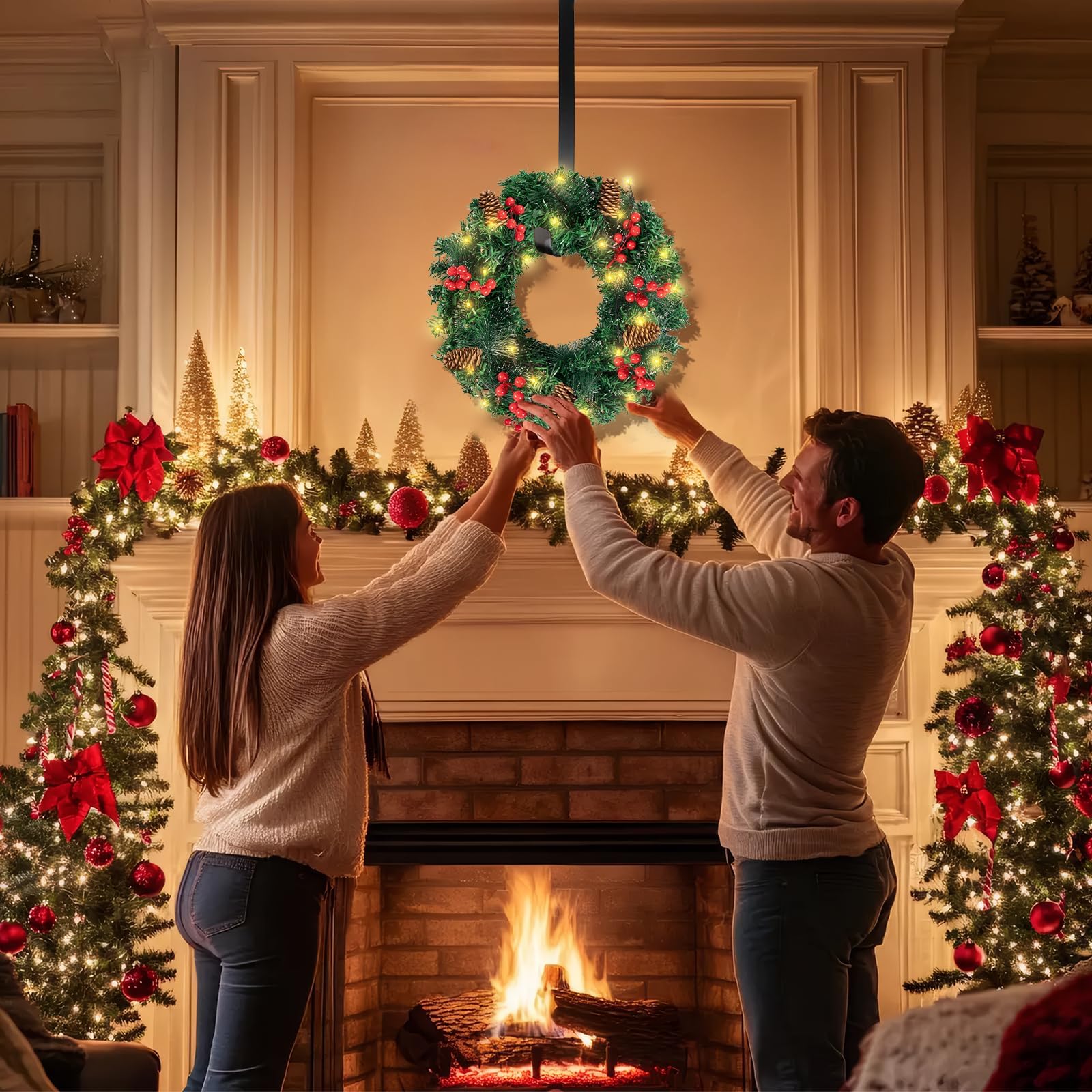 16in Couronne de Noël, LED Guirlande de Noël 8 Modes Couronne de Porte de Noël Artificielle avec Pommes de pin, Baies Rouges, Décoration de Noël pour Porte, Fenêtre, Cheminée, Mur