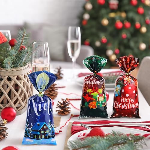 Miniatura 7 de 200 bolsas de dulces de celofán de Navidad a granel, bolsas de palomitas de maíz, bolsas de plástico de Papá Noel, sombrero de Navidad, muñeco de
