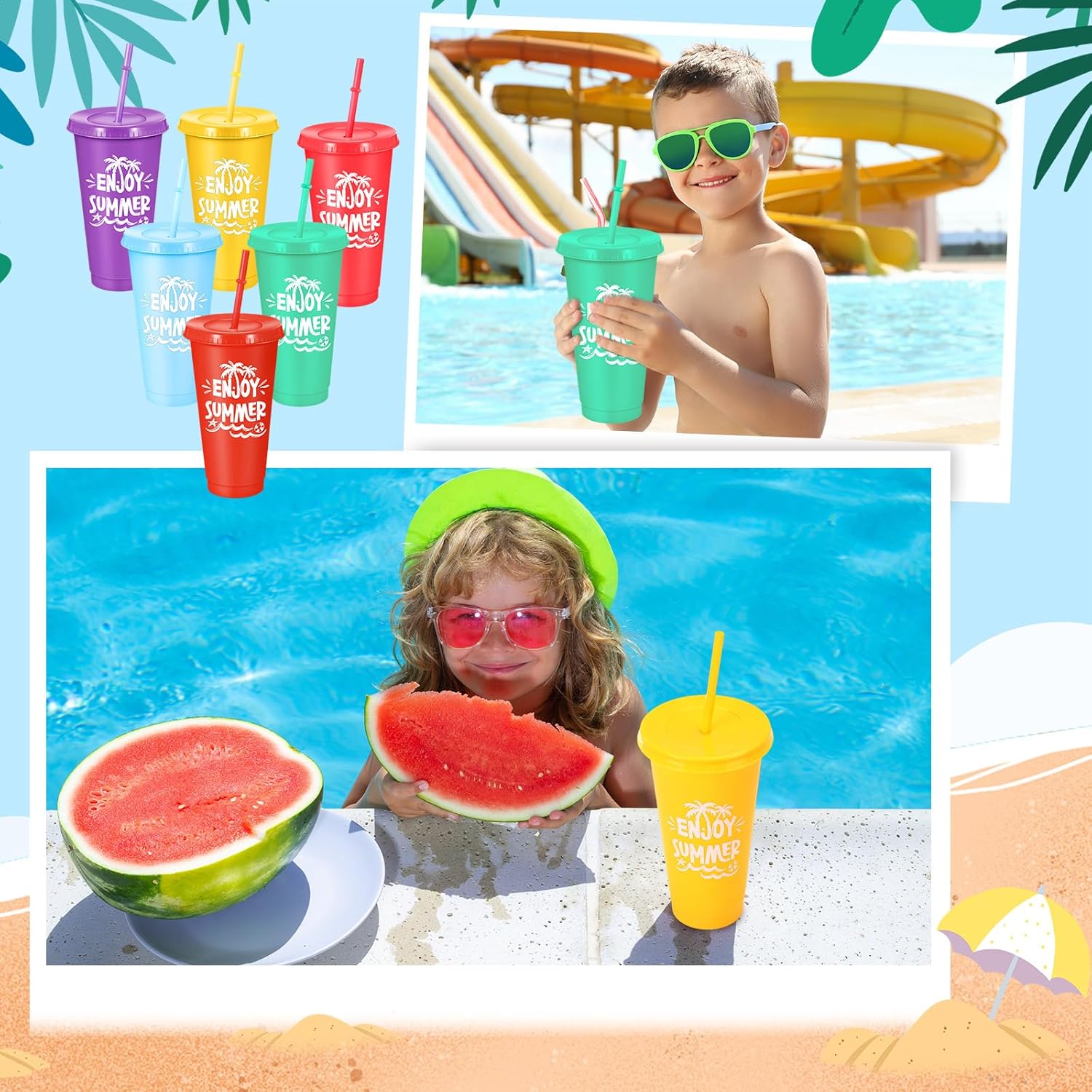 Honeydak 6 set Pool Party Favors for Kids End of Year Gift Summer Drawstring Backpack Bag Tumbler Cups Kids Beach Towel Bulk for Pool Beach Games Birthday Party Decor Summer Graduation Student Gifts