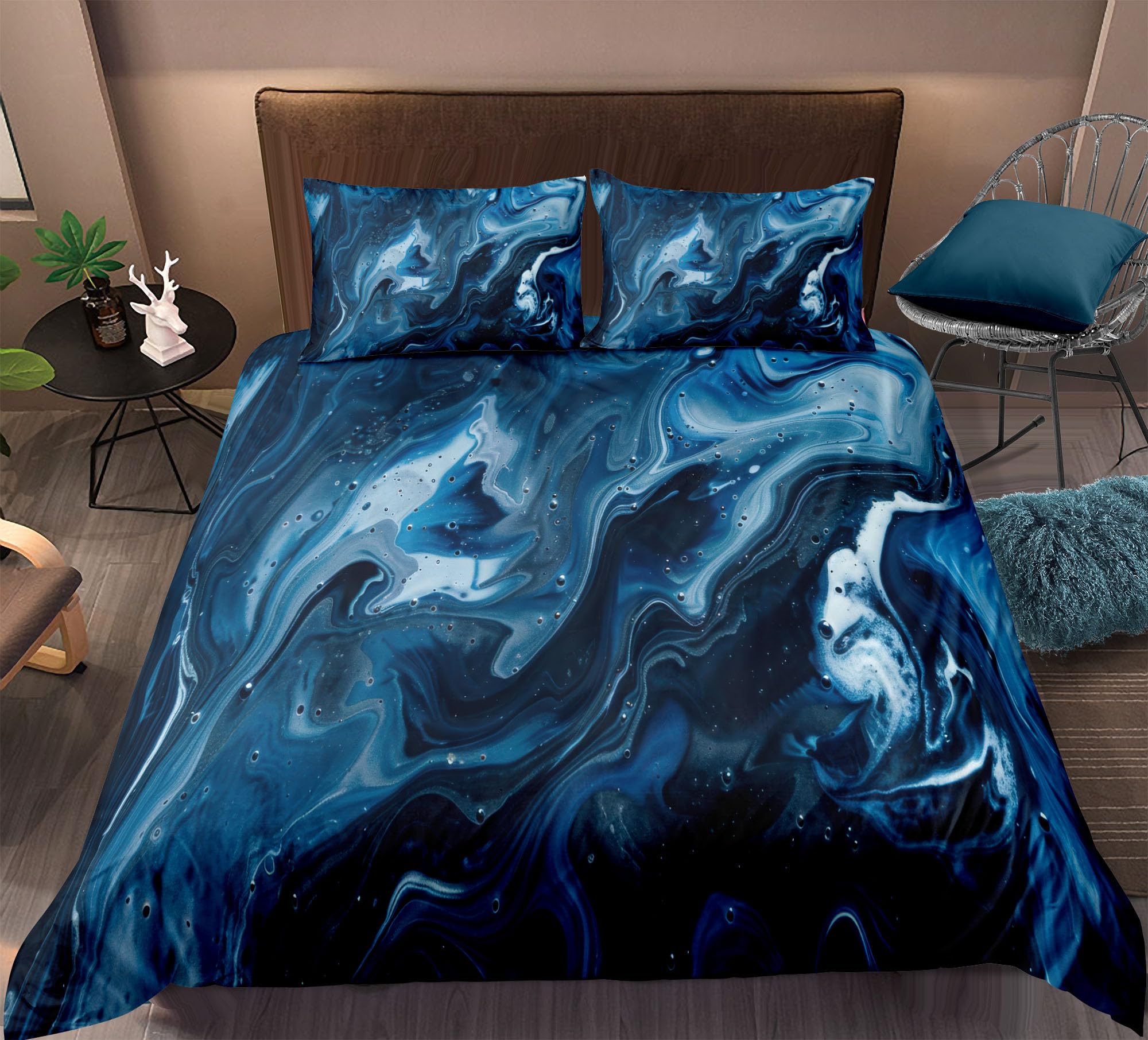 Housse de couette effet marbre bleu en microfibre douce haute densité texturée