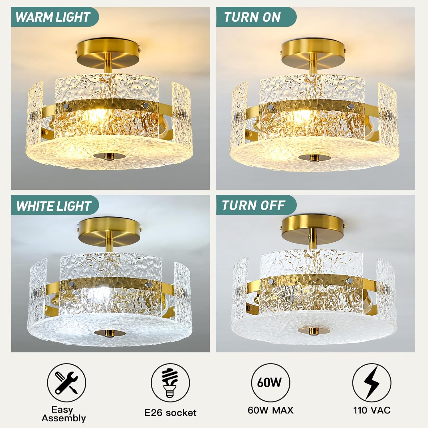 ZGLAOJT Semi Flush Mount Ceiling Light Modern Gold Celing Light Fixture 3-Light 12 Inch Acrylic Farmhouse for Kitchen Bedroom Hallway Dining Room.