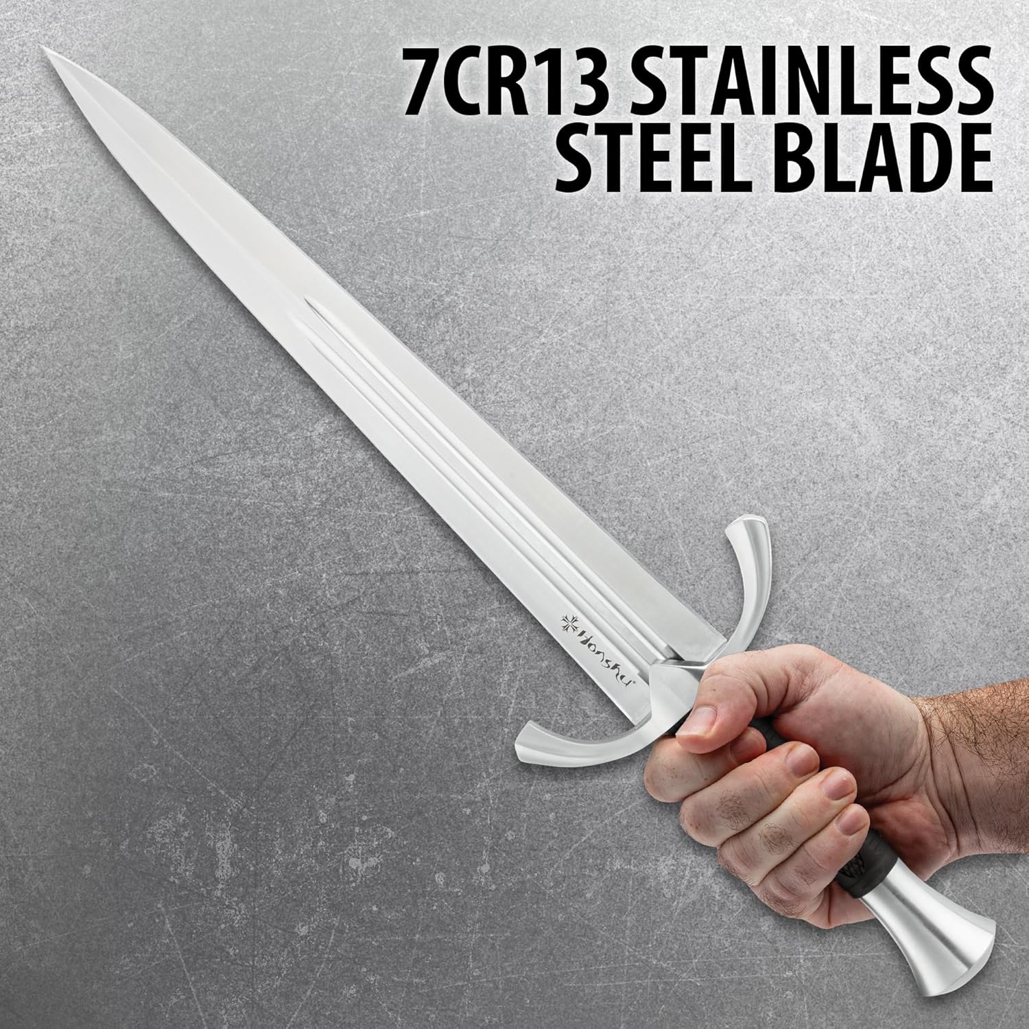 Honshu Medieval Arming Dagger | 7Cr13 Stainless Steel Blade | Textured Black Handle | Polished Stainless-Steel Pommel | Includes Premium Leather Sheath | Full-Tang Construction | 19 1/2" Overall