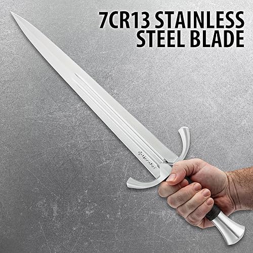 Miniatura 4 de Honshu Daga medieval de armado Hoja de acero inoxidable 7Cr13 Mango negro texturizado Pomo de acero inoxidable pulido Incluye funda de cuero