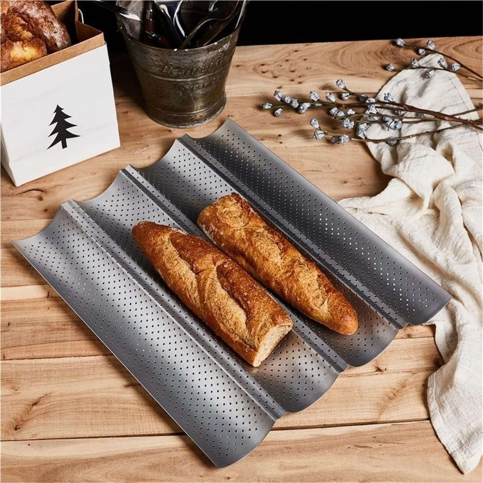 Molde antiadherente perforado for hornear pan francés, de acero al carbono, for baguettes 4 ondas, bandeja cocina(Silver 3)