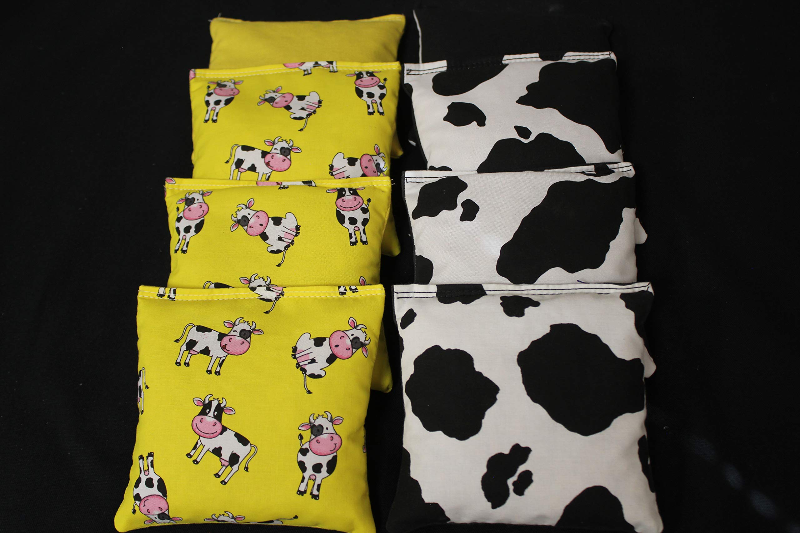 BackYardGamesUSA Spotted Cow Lovers Farmer - All Weather or Corn Filled Cornhole Bags - Set of 8 Regulation Size Duck Canvas Cornhole Toss Bean Bags (Corn Filled)